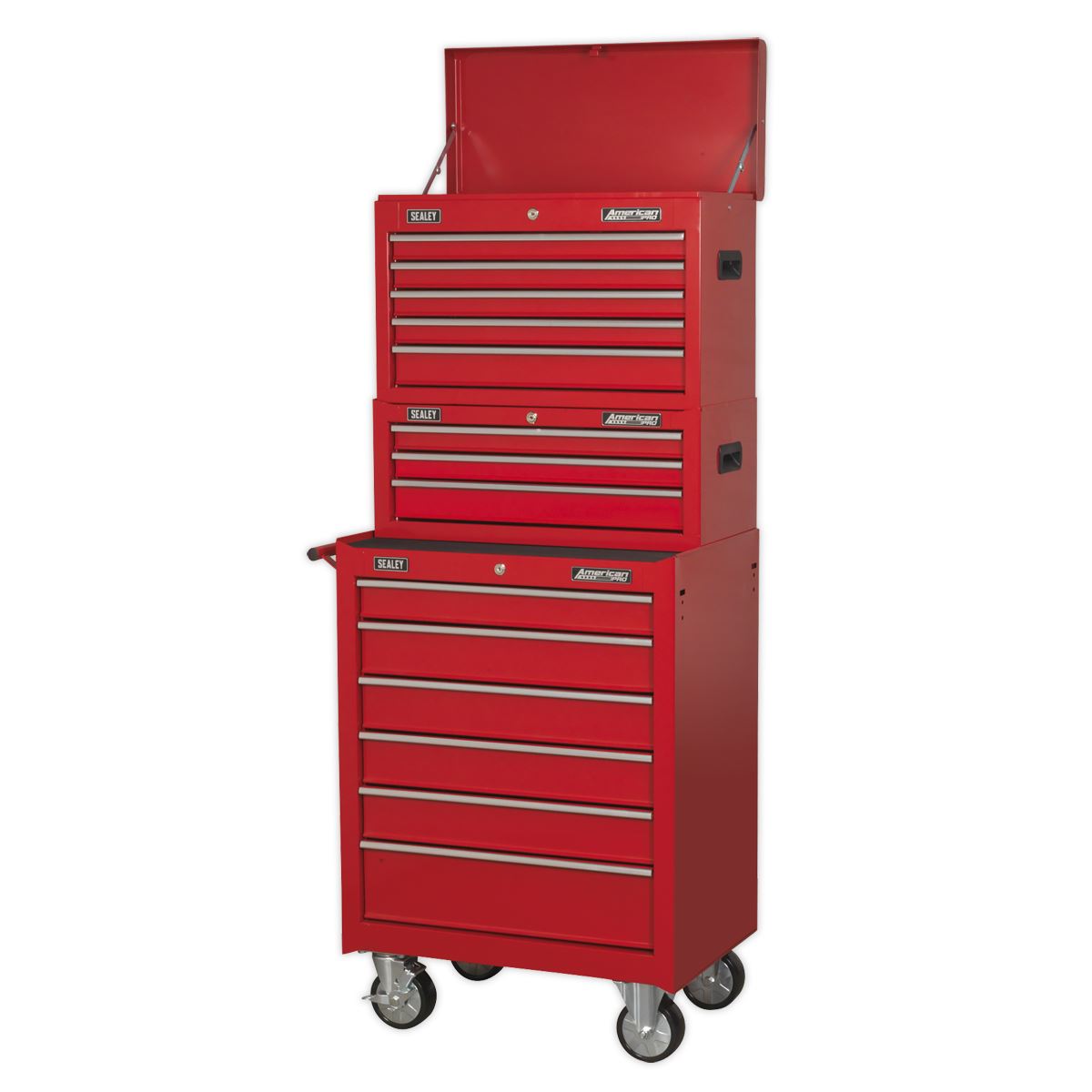 Sealey American Pro Topchest, Mid-Box Tool Chest & Rollcab 14 Drawer Stack - Red 