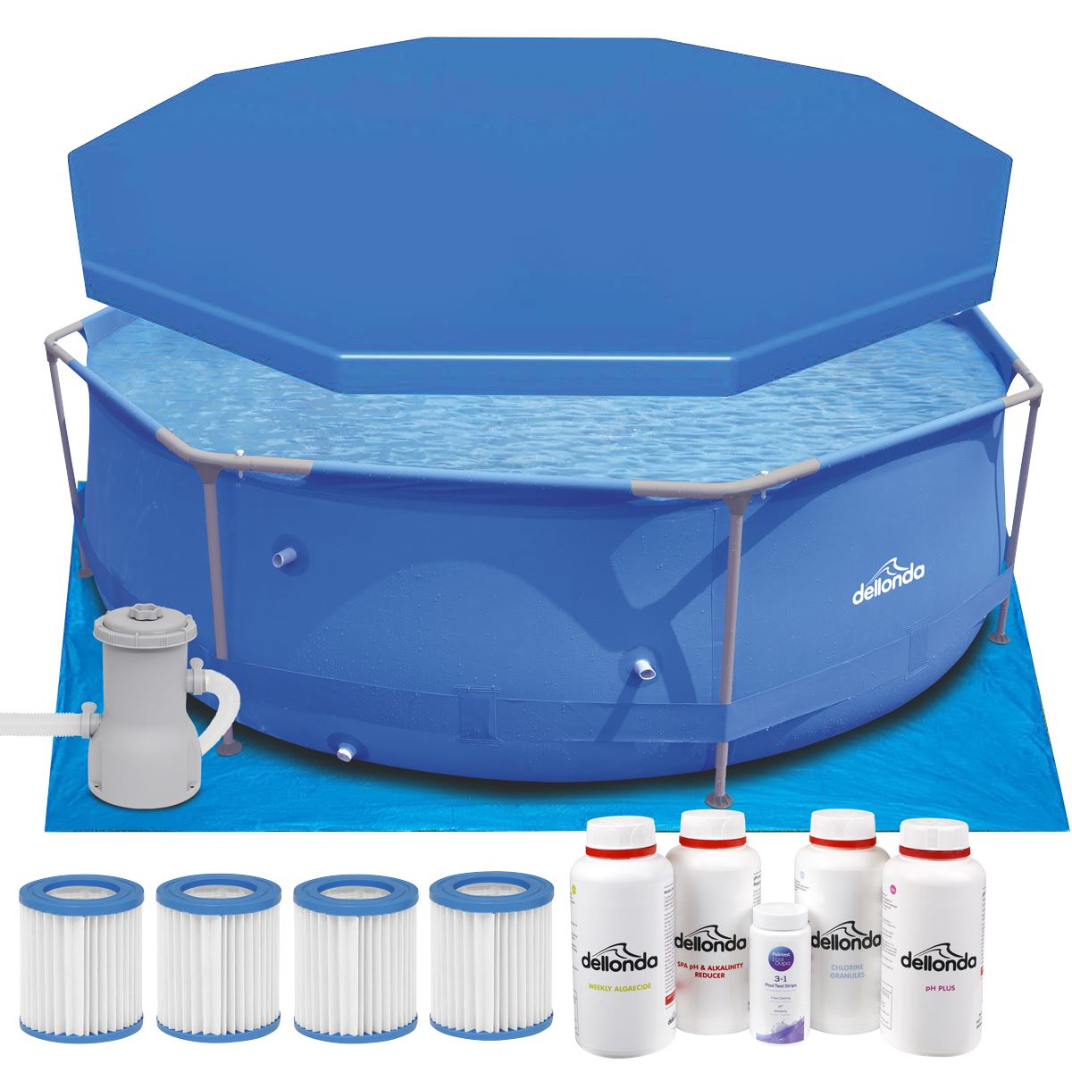 Dellonda 10ft Steel Frame Swimming Pool Round with Accessories, Blue