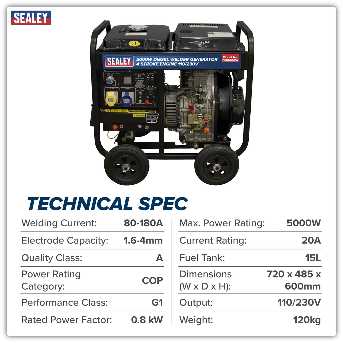 Sealey 5000W Diesel Welder Generator 4-Stroke Engine 110/230V  White Rose Tools