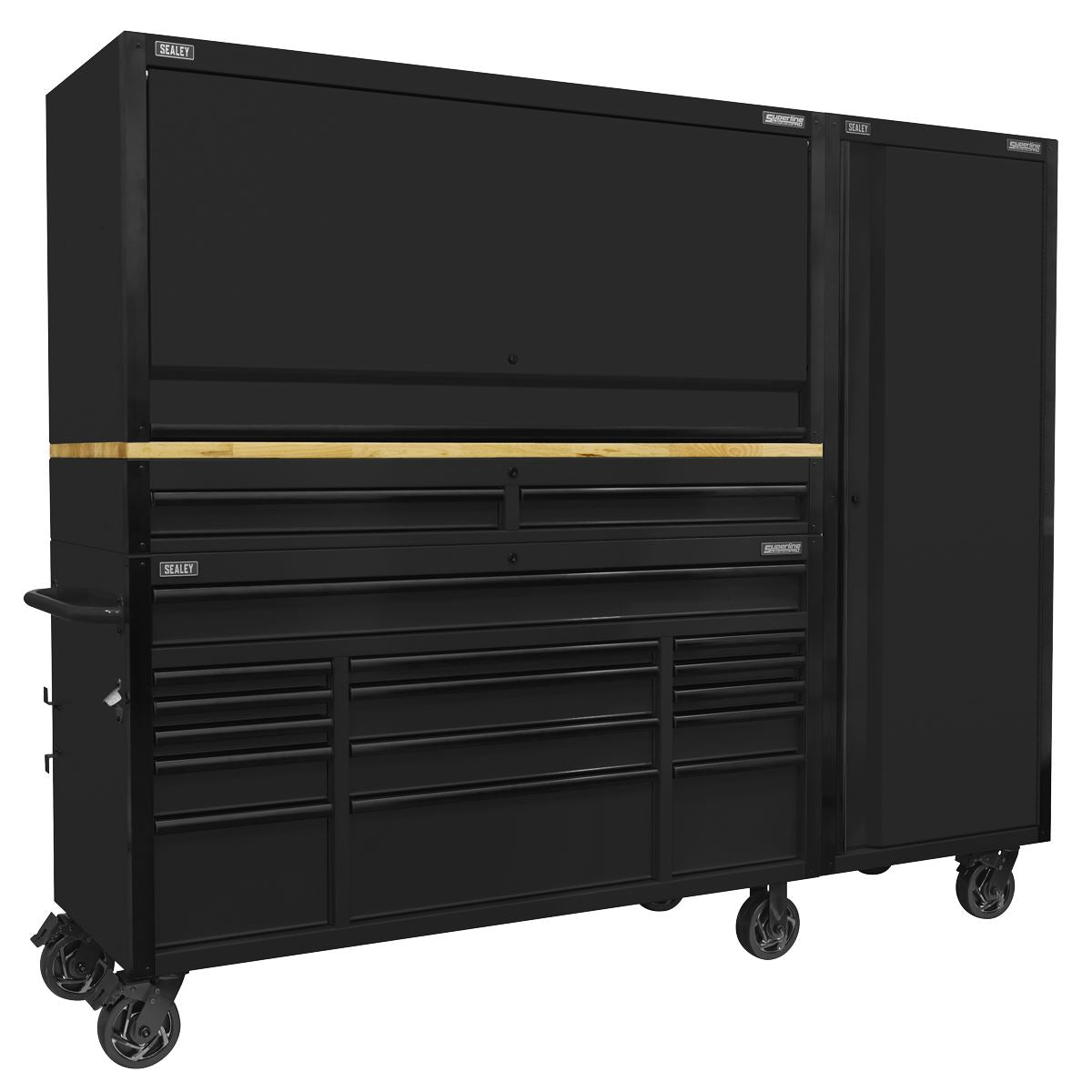 Sealey Superline Pro Superline PRO® Black Edition Mobile Trolley with Wooden Worktop 15 Drawer, Hutch, 2 Drawer Riser & Side Locker 1549mm