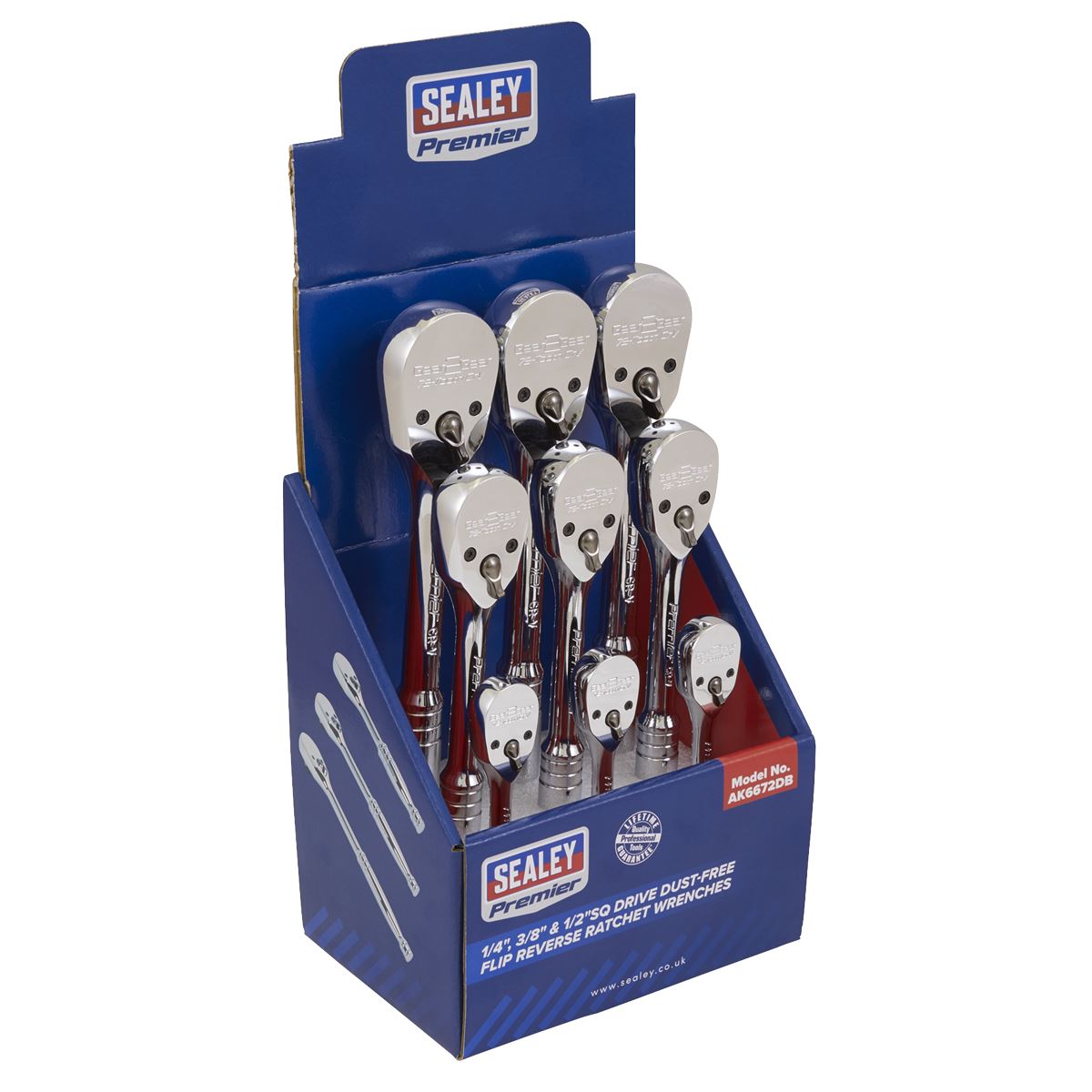 Sealey Premier Ratchet Wrenches 1/4", 3/8" & 1/2"Sq Drive Pear-Head Flip Reverse Display Box of 9 