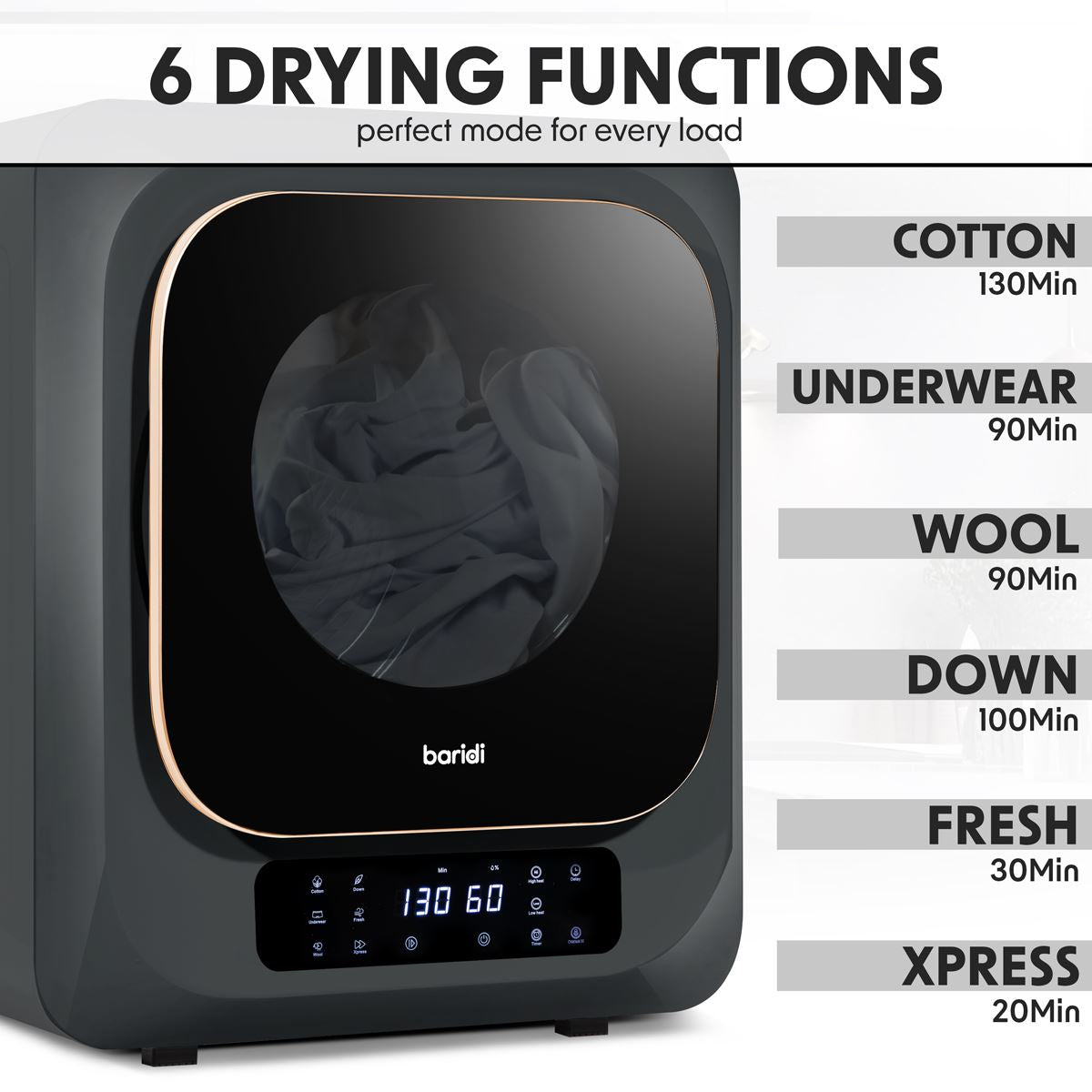 Baridi Small Tumble Dryer, Portable, 2.5kg, Vented, Perfect for Counter Top or Wall Mounted Use with Digital Controls, Compact, Black Mini Spin Dryer - DH229