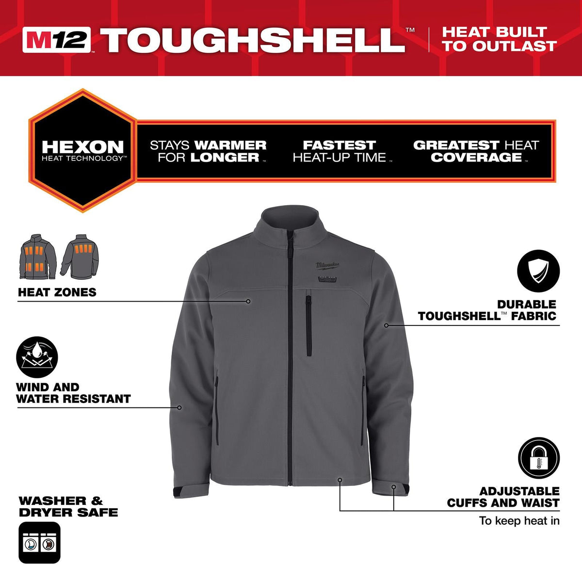 Milwaukee M12 HEXON Heated Jacket Toughshell M12 HJ6 - Choose Size and Colour  White Rose Tools