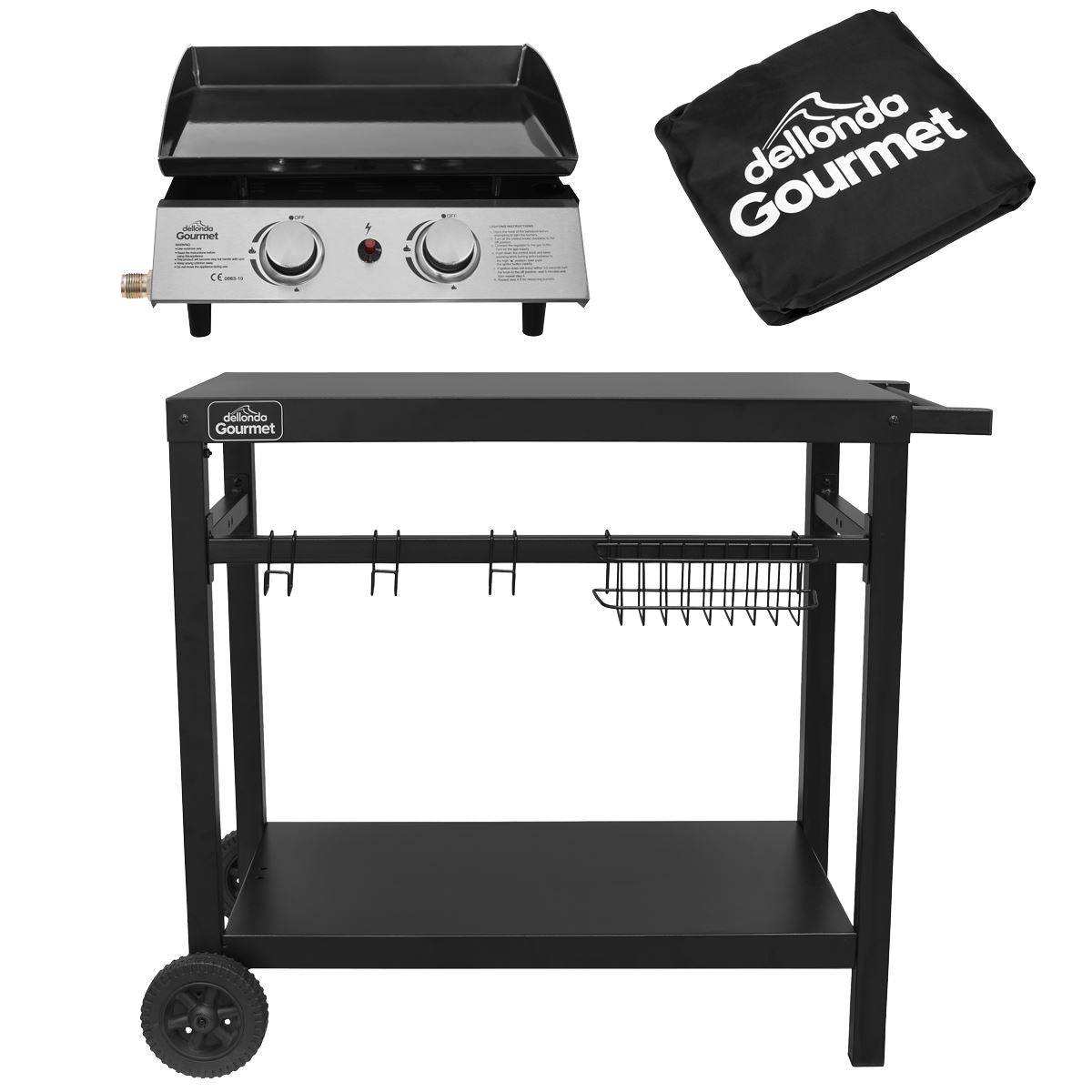 Dellonda 2 Burner Portable Gas Plancha 5kW BBQ Griddle, Stainless Steel, Supplied with Water Resistant Cover & Trolley