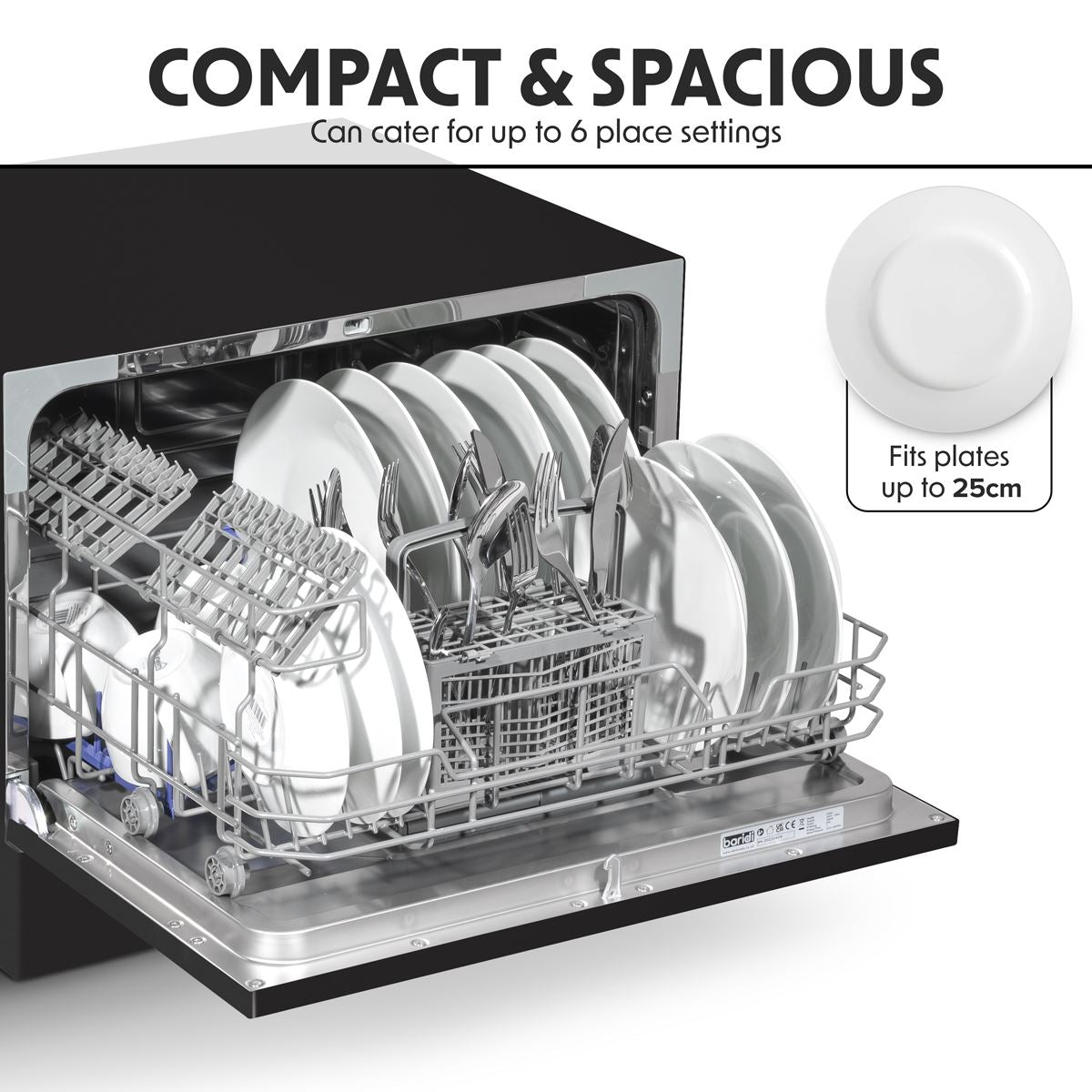 Baridi Compact Tabletop Dishwasher 6 Place Settings, 6 Programmes, Low Noise, 6.5L Cycle, Start Delay - Black