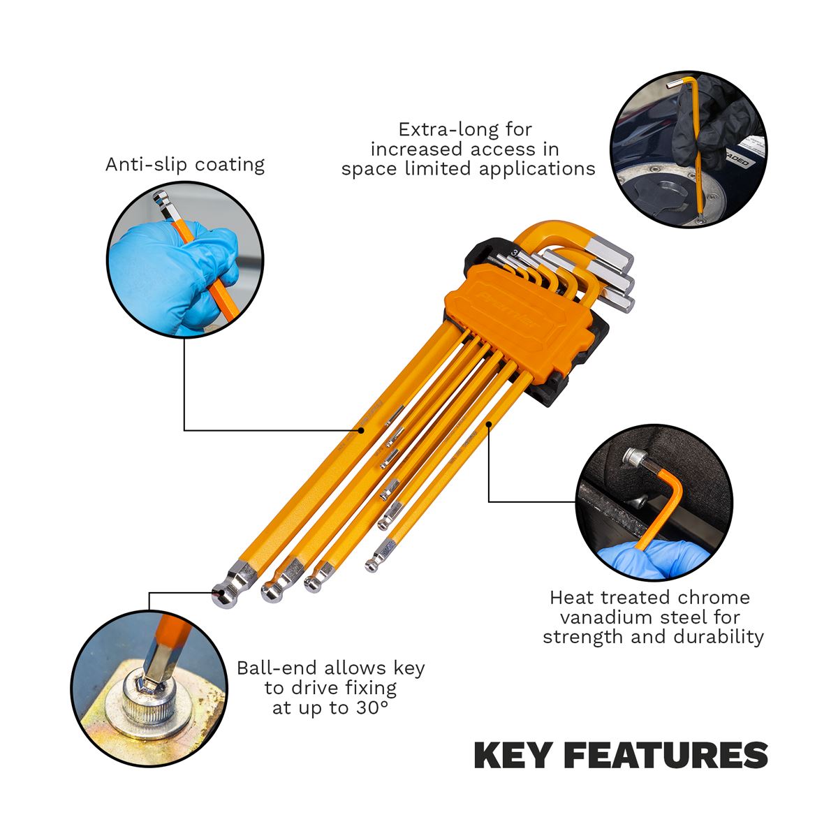 Sealey Premier Hex Key Set Extra-Long Ball-End 9pc - Imperial  White Rose Tools