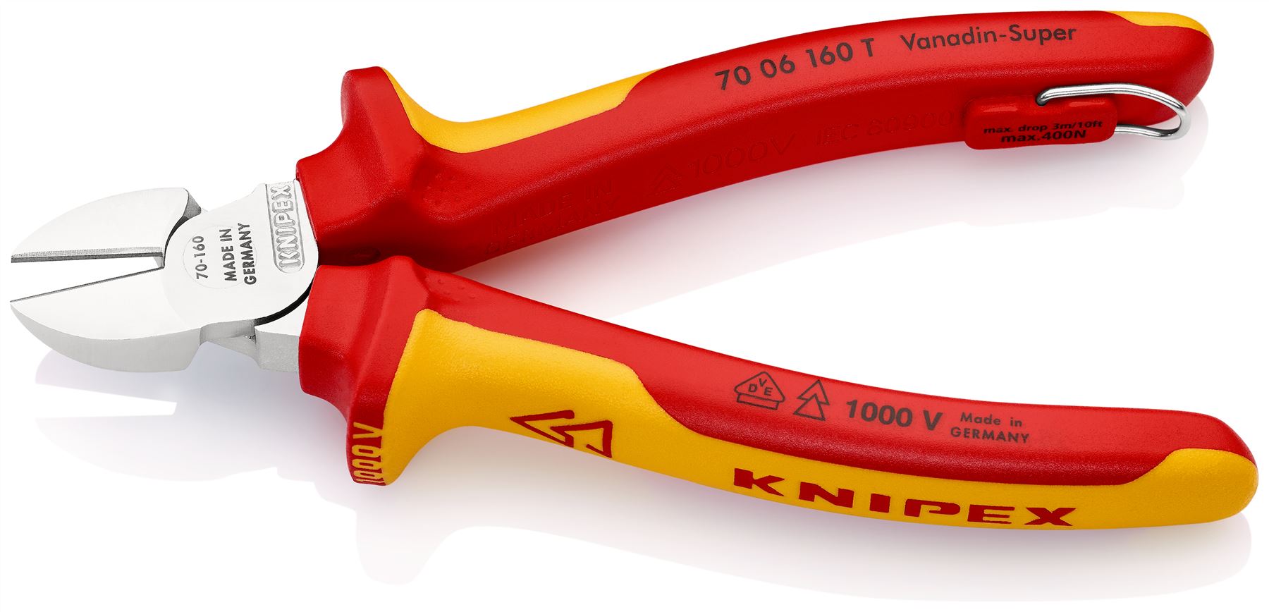 Knipex Diagonal Cutter Side Cutting Pliers 160mm Chrome VDE Insulated 1000V with Tether Point 70 06 160 T 