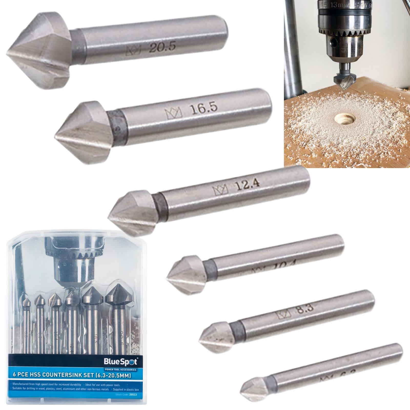 BlueSpot HSS Countersink Set 6 Piece 6.3mm-20.5mm for Wood Metal Plastics 