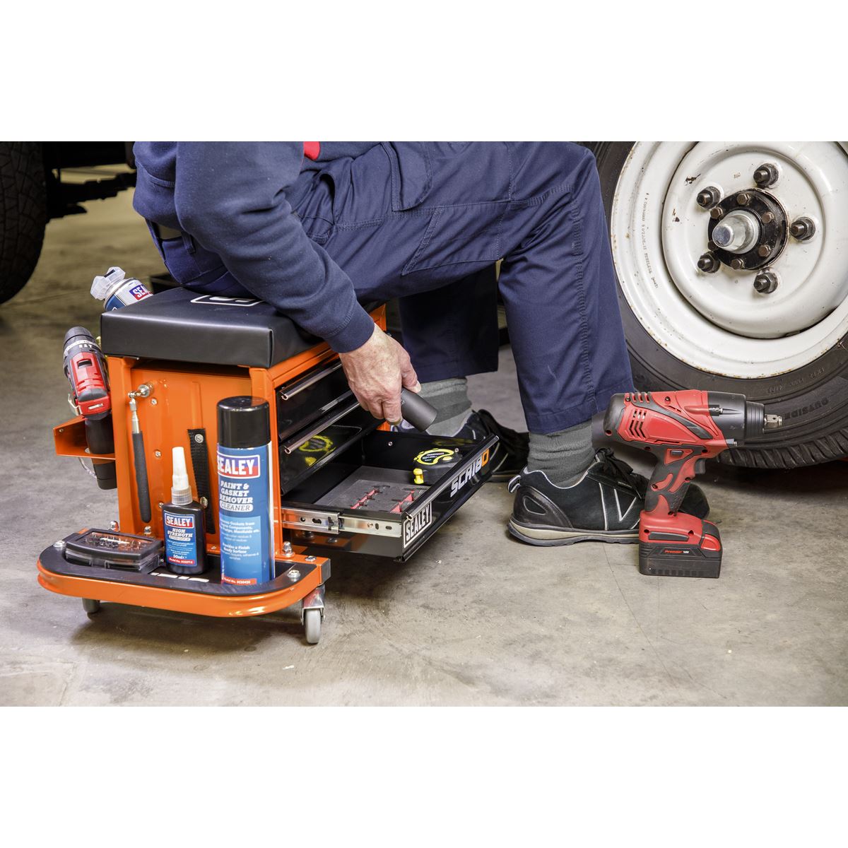 Sealey Mechanics Rolling Utility Seat and Toolbox with Drawers Orange 