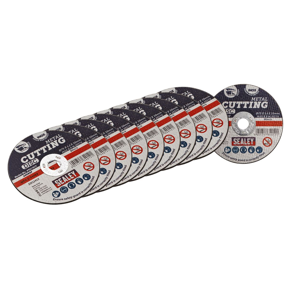 Sealey 10 Pack 75 x 1.2mm Extra Thin Metal Cutting Discs 10mm Bore