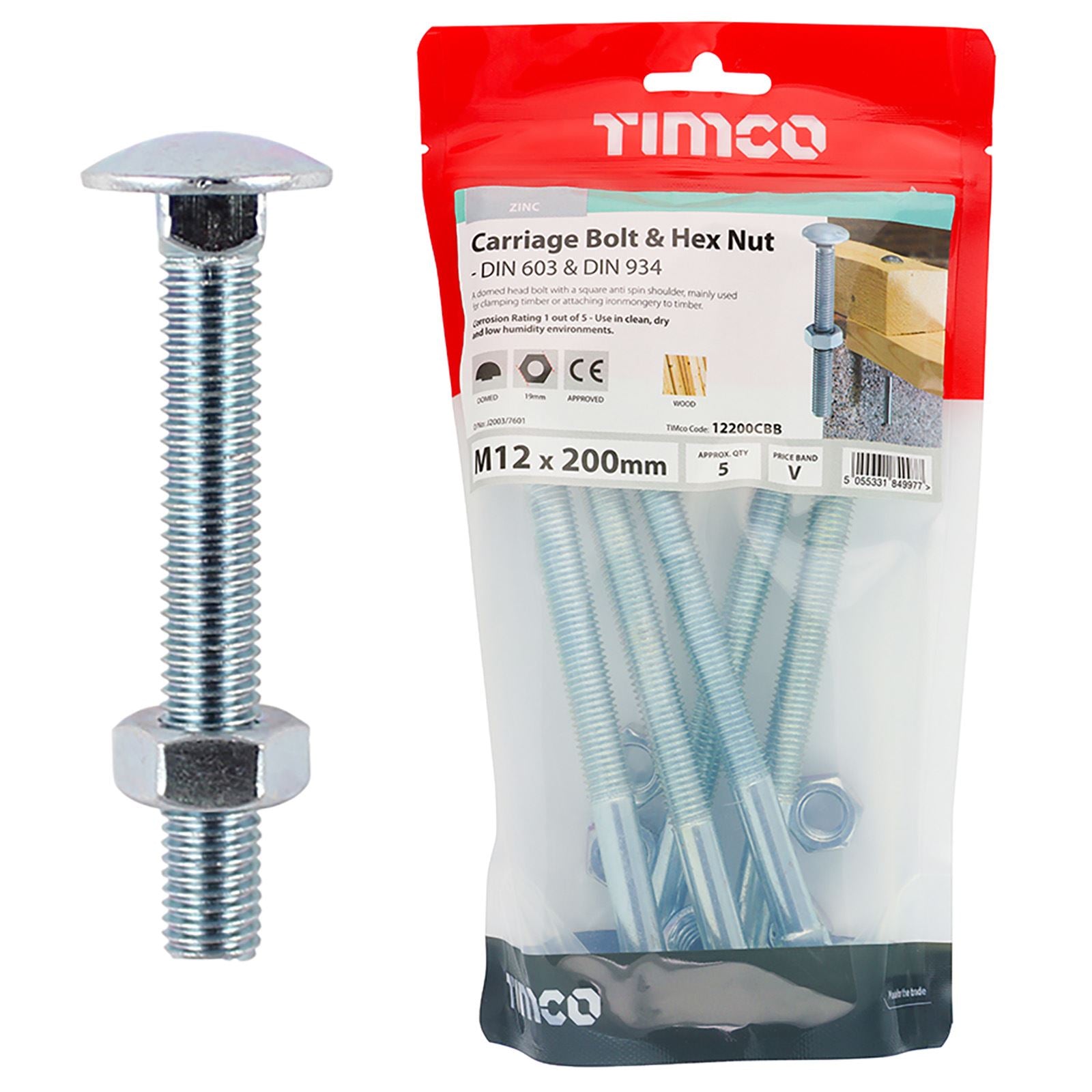 TIMCO Carriage Bolts with Hex Nuts 4.8 Grade Zinc Carbon Steel TIMbag M6-M12 - Choose Size