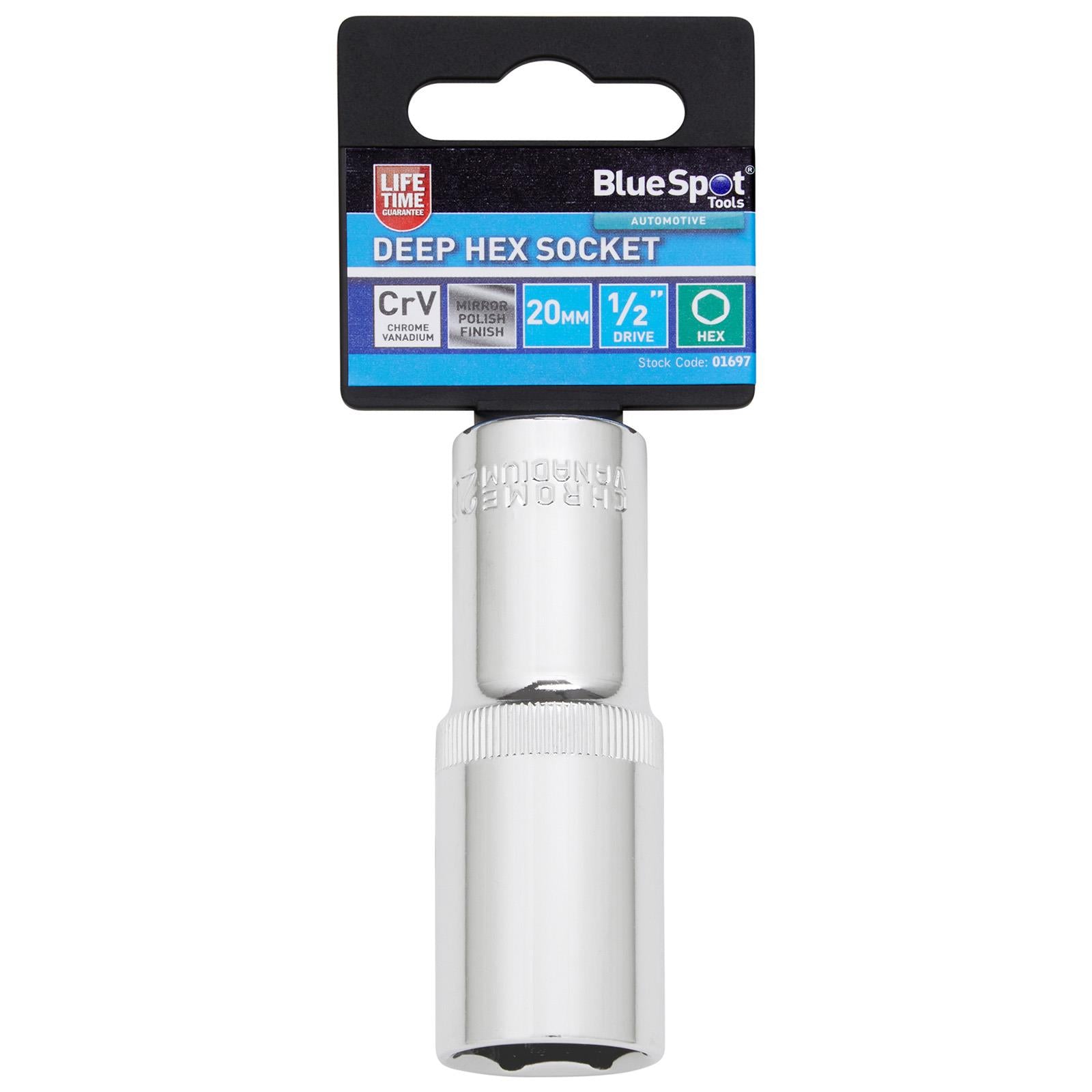 BlueSpot Deep Socket 1/2" Drive 6 Point Hex Chrome Individual 8-32mm - Choose Size  White Rose Tools