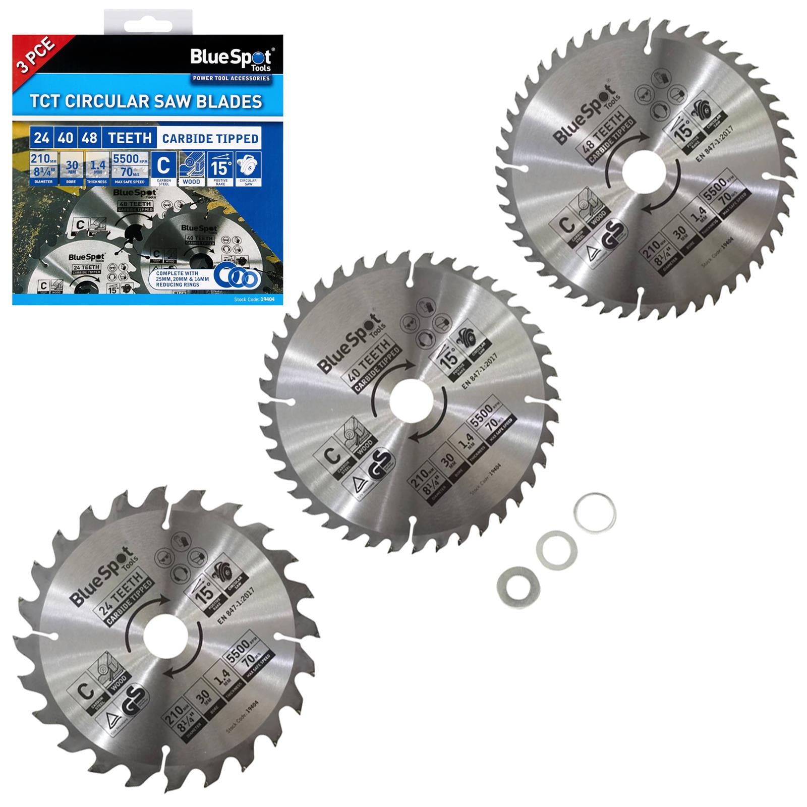 BlueSpot TCT Circular Saw Blades 24 40 48 Teeth 210mm x 30mm 3 Piece