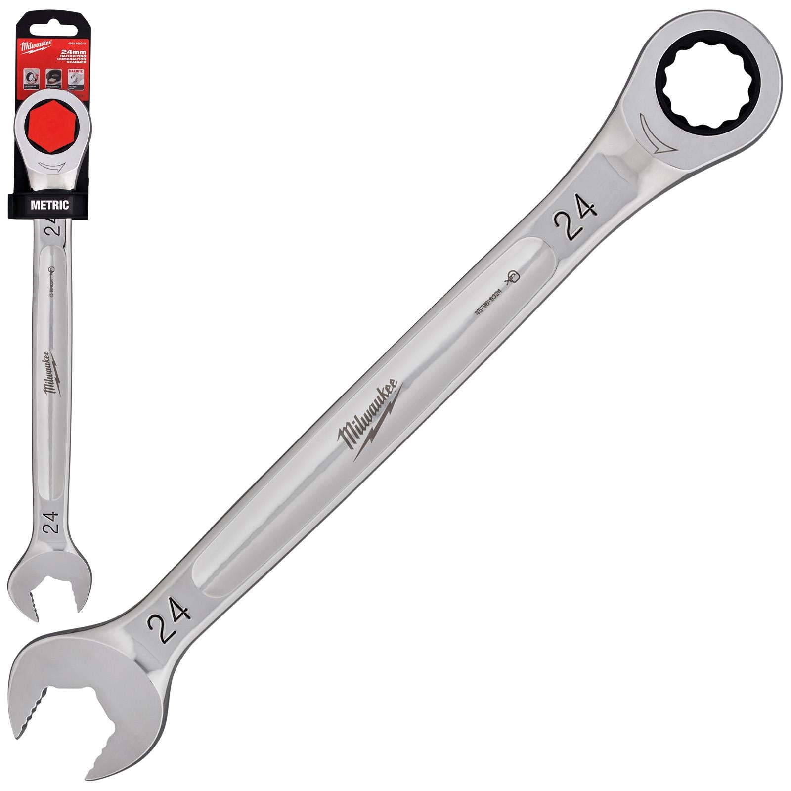 Milwaukee Ratchet Combination Spanners MAX BITE Fixed Head Open End Ring - Choose Size