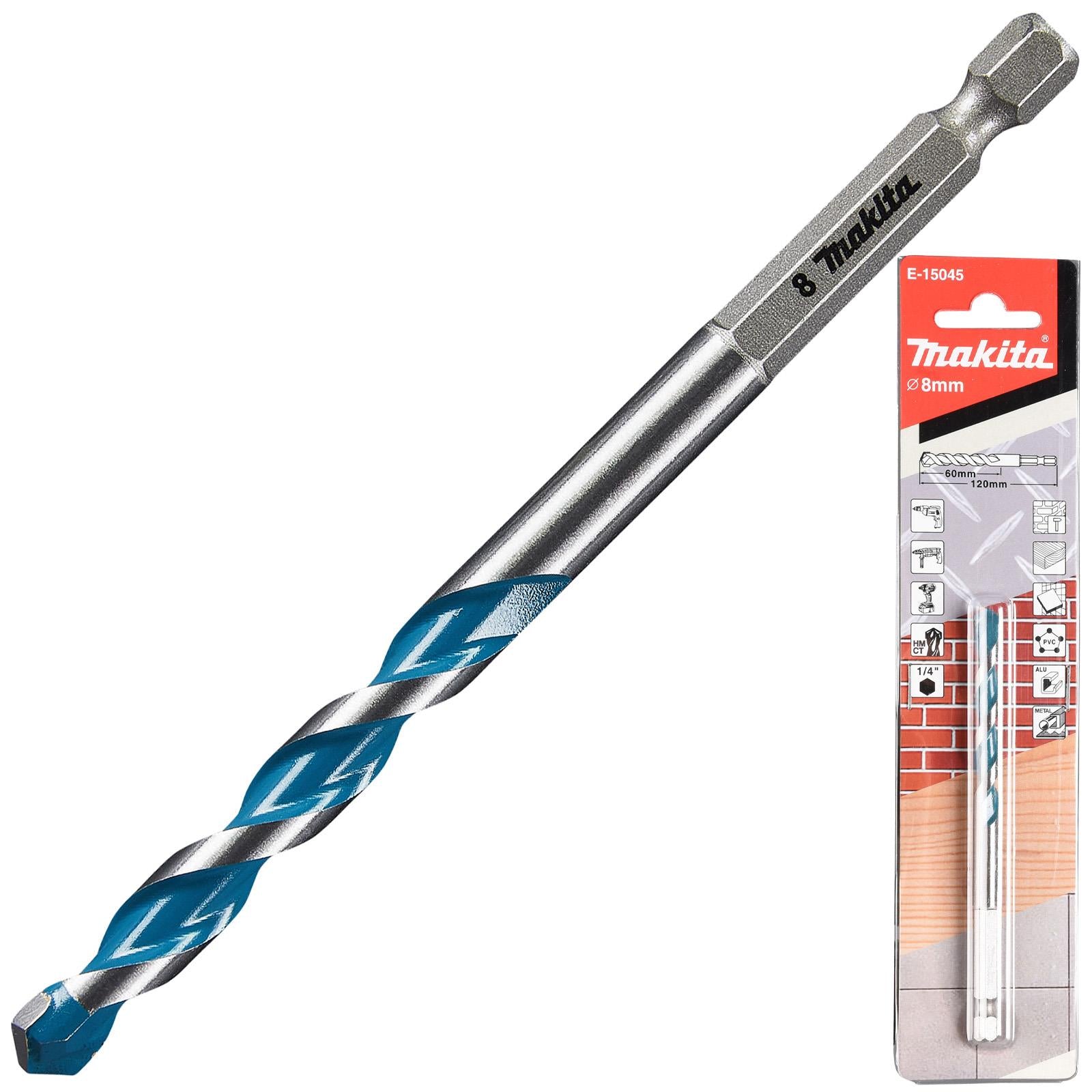 Makita Multi Material Drill Bits TCT 1/4" Hex Shank for Wood Plastic Masonry Ceramic Tiles Steel - Choose Size