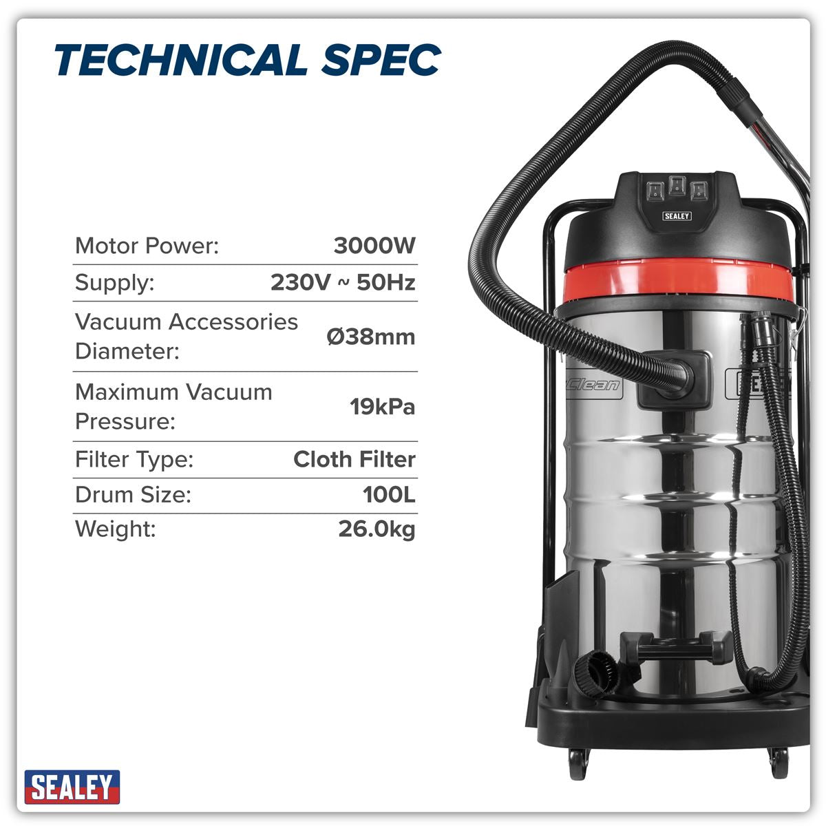 Sealey 100L Vacuum Cleaner Wet & Dry with Stainless Steel Drum 3000W/230V