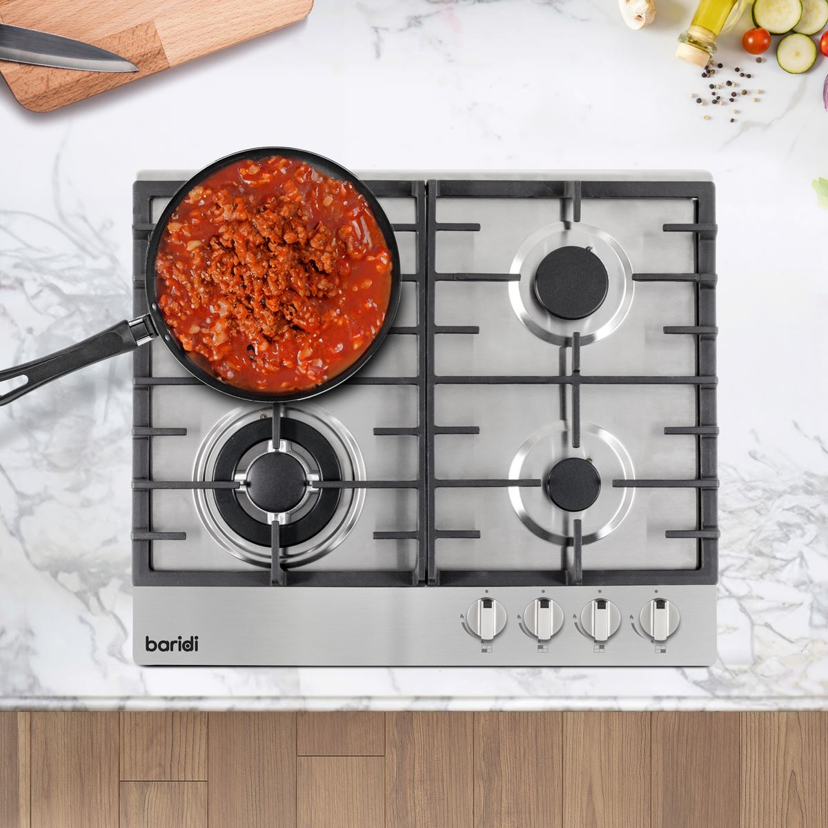 Baridi 60cm Gas Hob, 4 Burner and Cast Iron Pan Supports, Stainless Steel