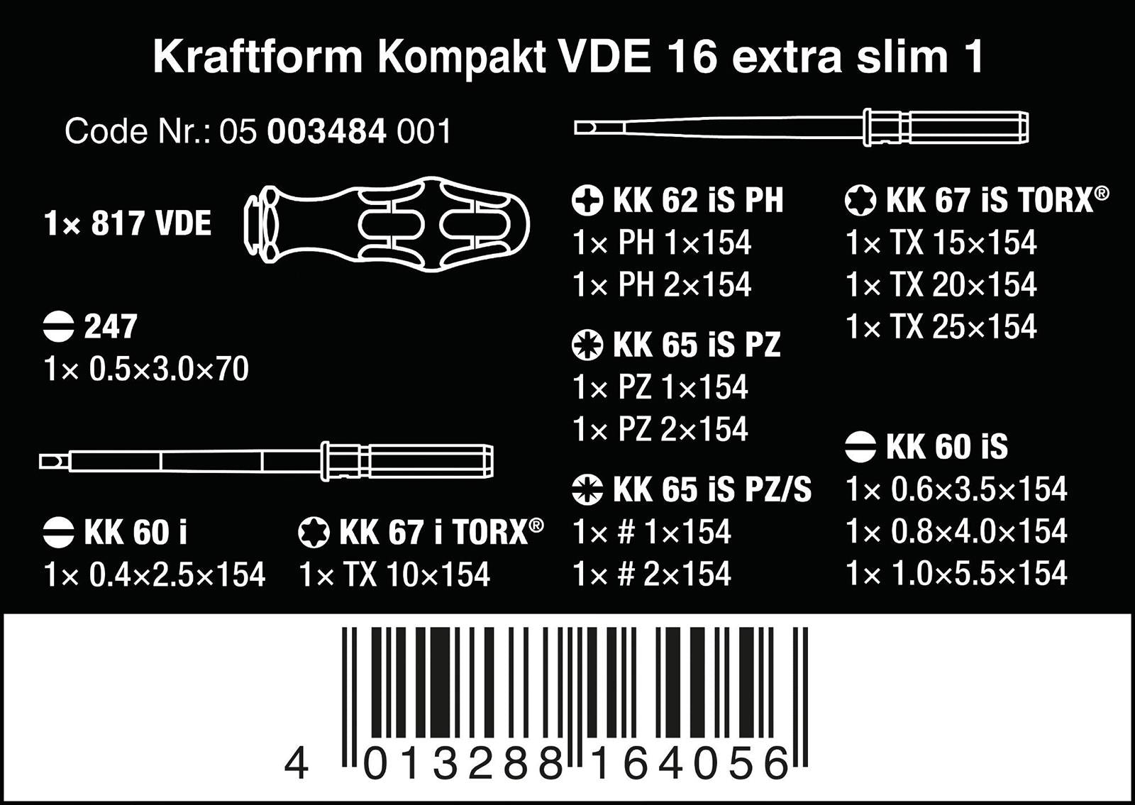Wera VDE Screwdriver Set Interchangable Kraftform Kompakt 16 Extra Slim 1 16 Pieces