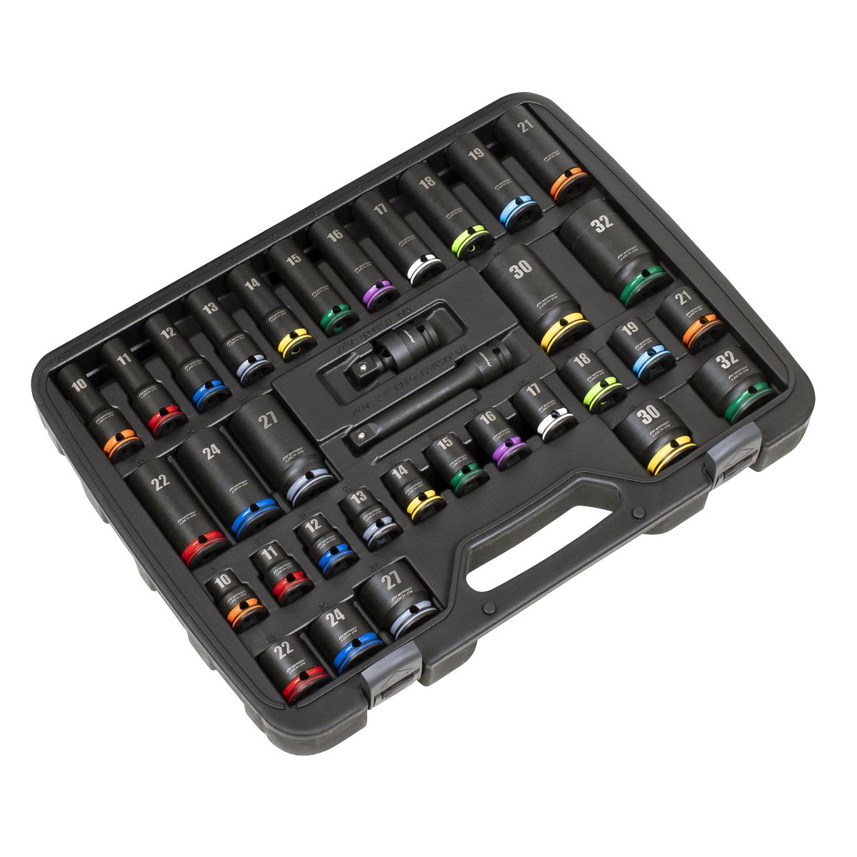 Sealey Premier Lock-On™ Standard & Deep Impact Socket Set 34pc 1/2"Sq Drive 6pt Metric  White Rose Tools