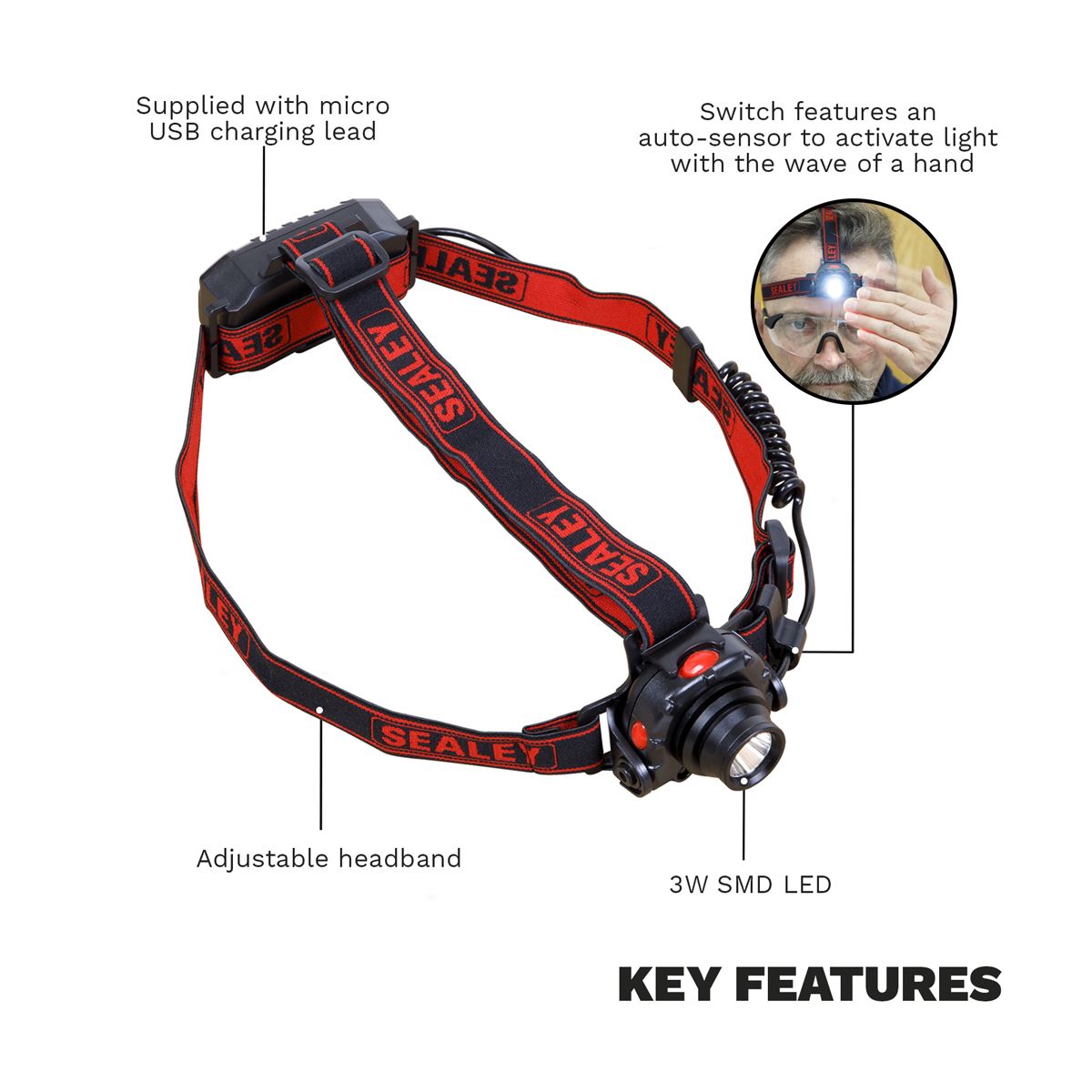 Sealey Head & Hat Torch with Auto-Sensor 3W SMD LED 