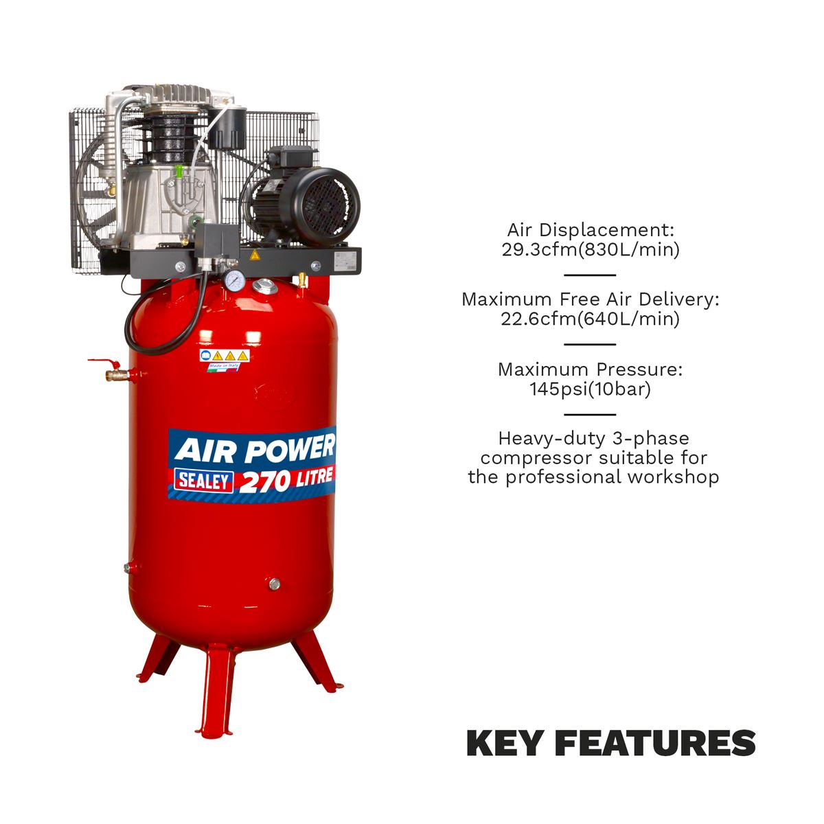 Sealey 270L Vertical Belt Drive Air Compressor with Cast Cylinders 7.5hp 3ph 2-Stage 
