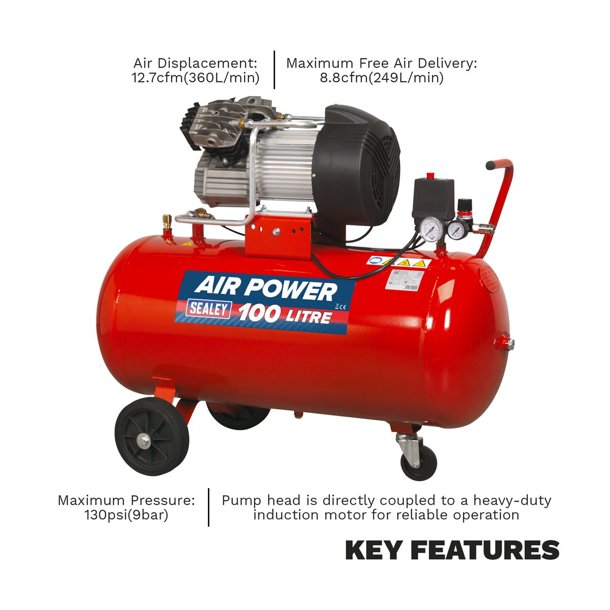 Sealey 100L V-Twin Direct Drive Air Compressor 3hp 