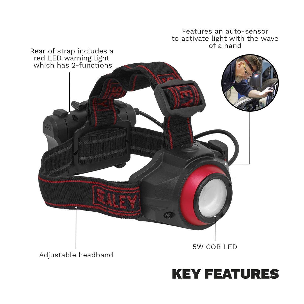Sealey Rechargeable Head Torch 5W COB LED Auto-Sensor 