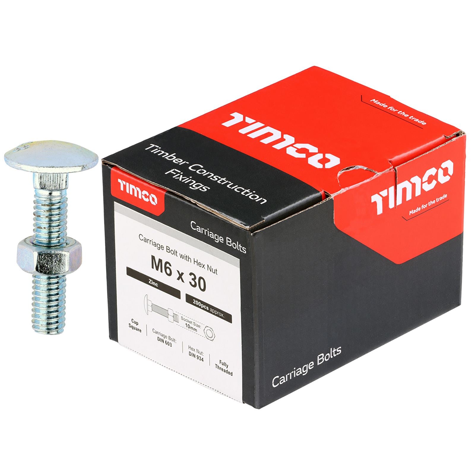 TIMCO Carriage Bolts with Hex Nuts 4.8 Grade Zinc Carbon Steel Boxed M6-M16 - Choose Size