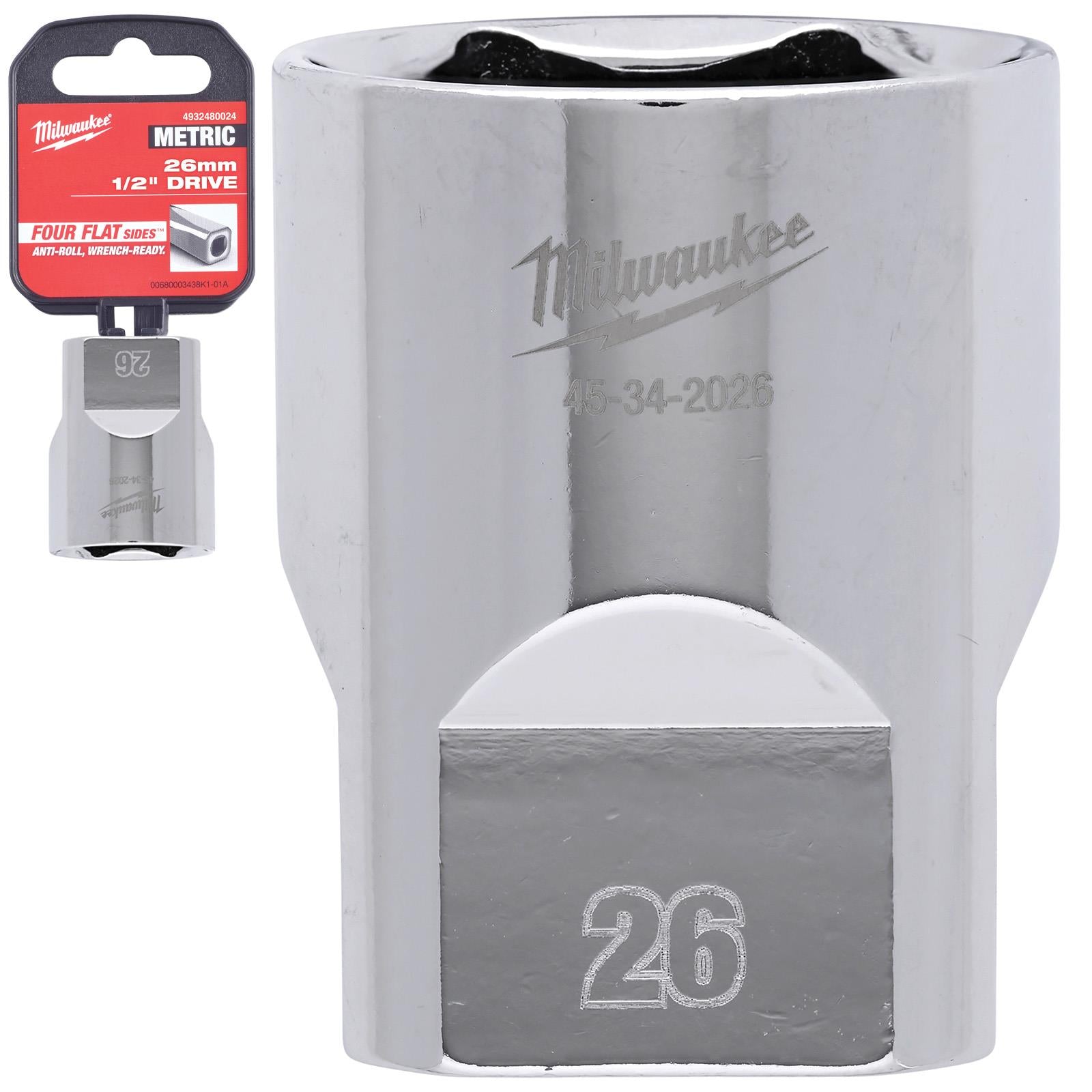 Milwaukee Chrome Socket 1/2" Drive Four Flat Sides Metric Standard 8-36mm Individual - Choose Size