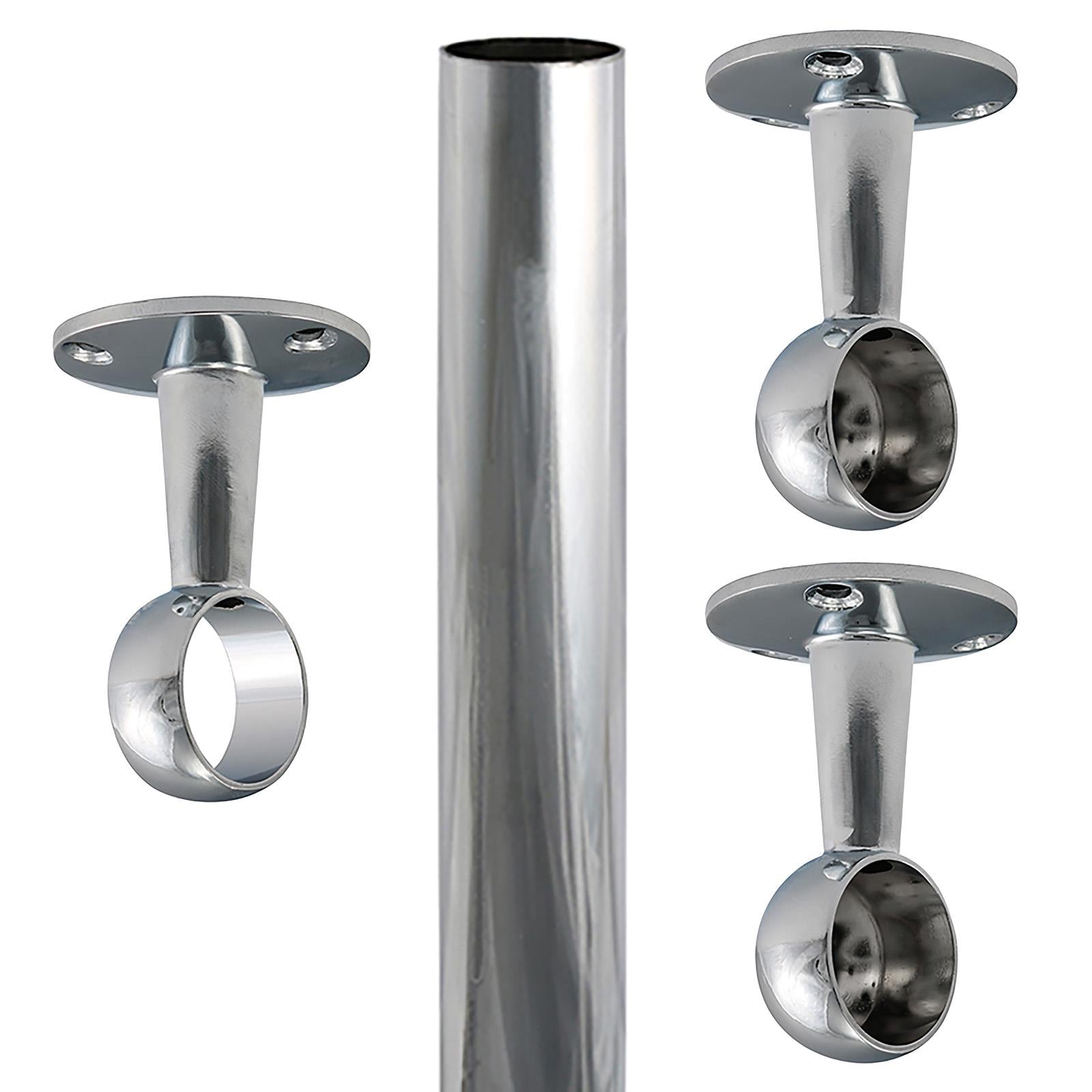 TIMCO Round Wardrobe Rail 25mm Diameter End Sockets Brackets Polished Chrome or White - Choose Length