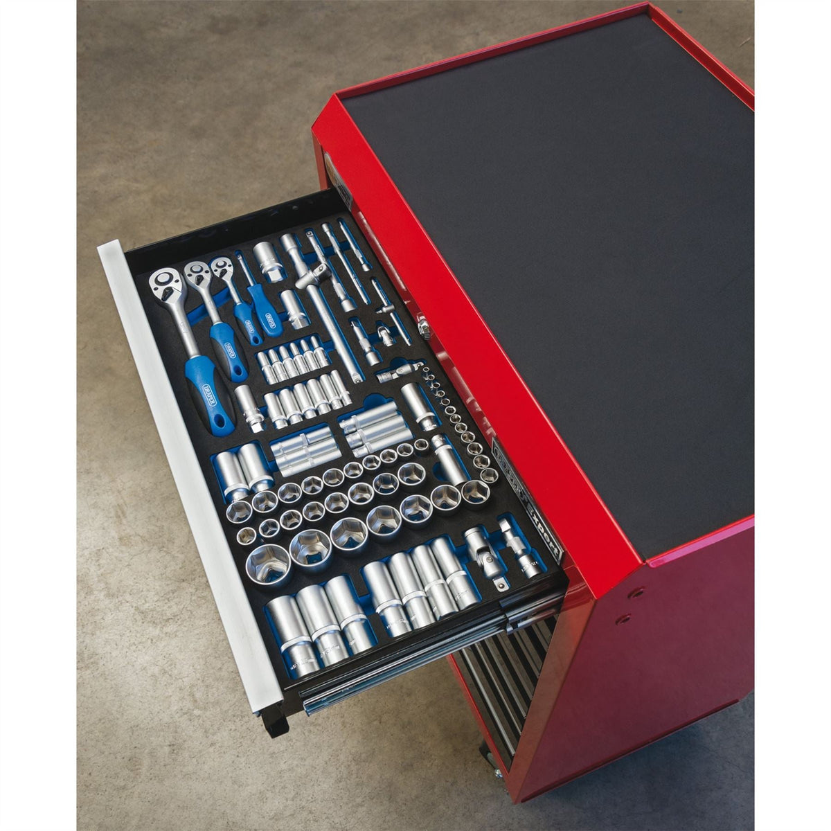 Draper Socket Set in Full Drawer EVA Insert Tray 1/4" 3/8" and 1/2" (84 Piece) 63540  White Rose Tools