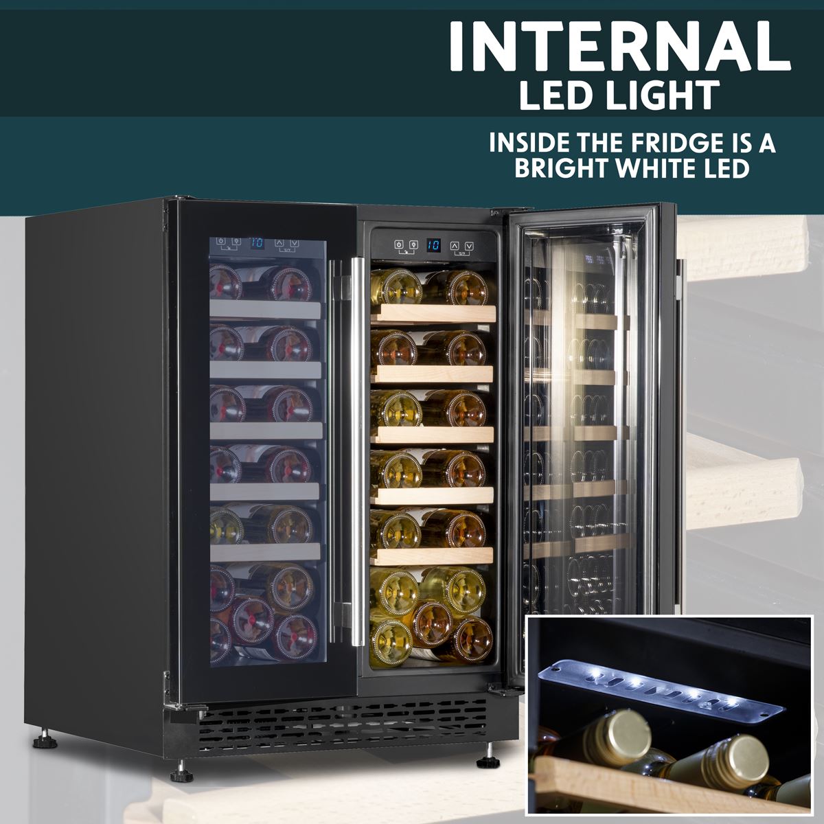 Baridi 60cm Dual Zone Wine Cooler and Drinks Fridge 40 Bottle/120 Can Built-In Under Counter/Freestanding Glass Fronted Bar Drinks Fridge Chiller