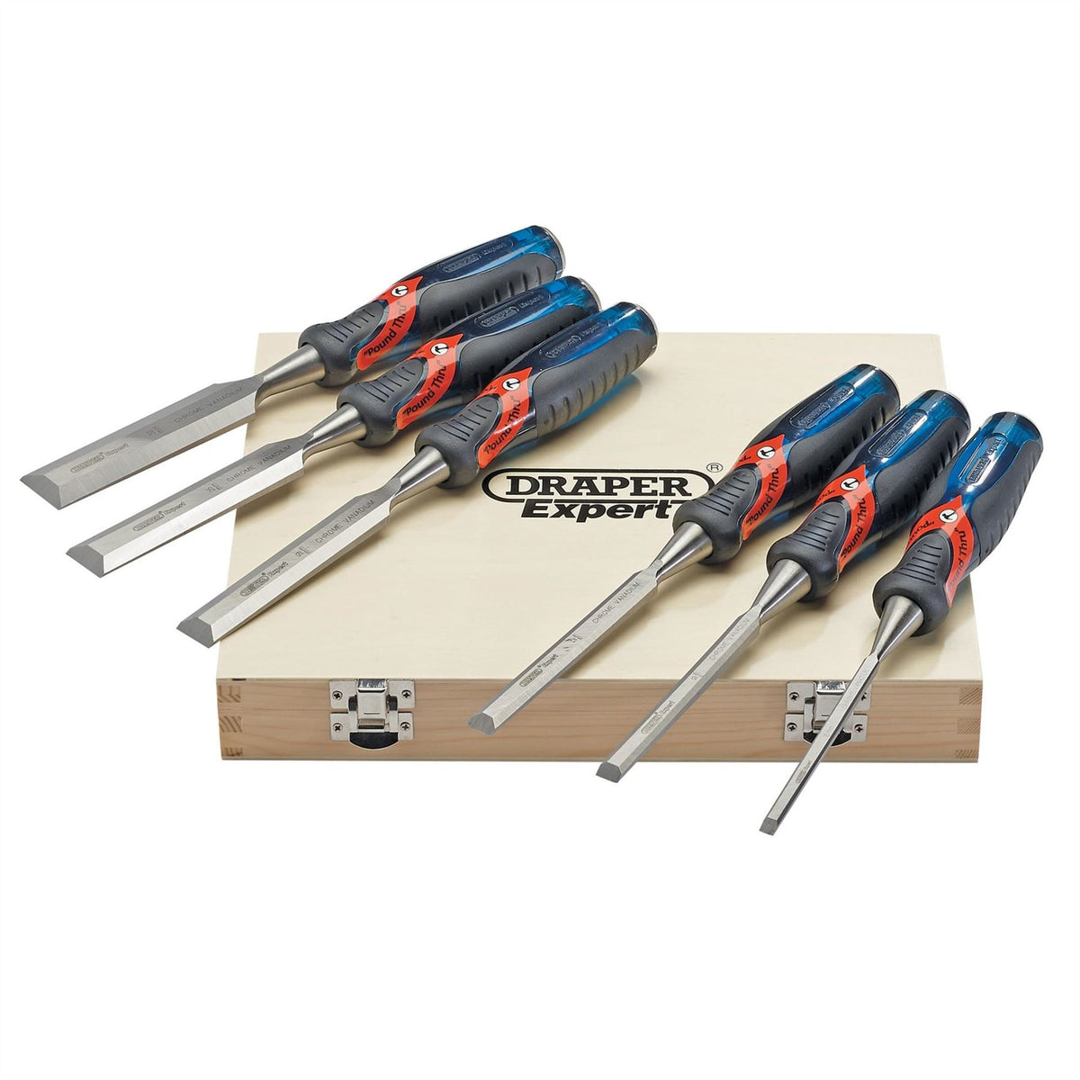 Draper Expert Soft Grip 'Pound Thru' Bevel Edge Wood Chisel Set 140mm (6 Piece) 70419  White Rose Tools