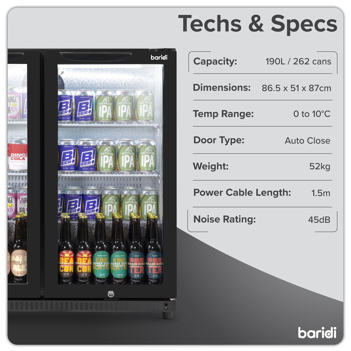 Baridi Hinged Double Door, Back Bar Drinks Fridge/Cooler, 190L Capacity