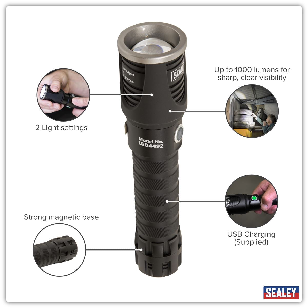 Sealey Rechargeable Aluminium Torch with Adjustable Focus 10W SMD LED