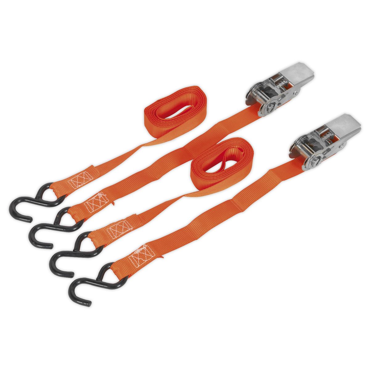 Sealey Ratchet Straps 25mm x 4m Polyester Webbing with S-Hooks 500kg Breaking Strength - Pair 