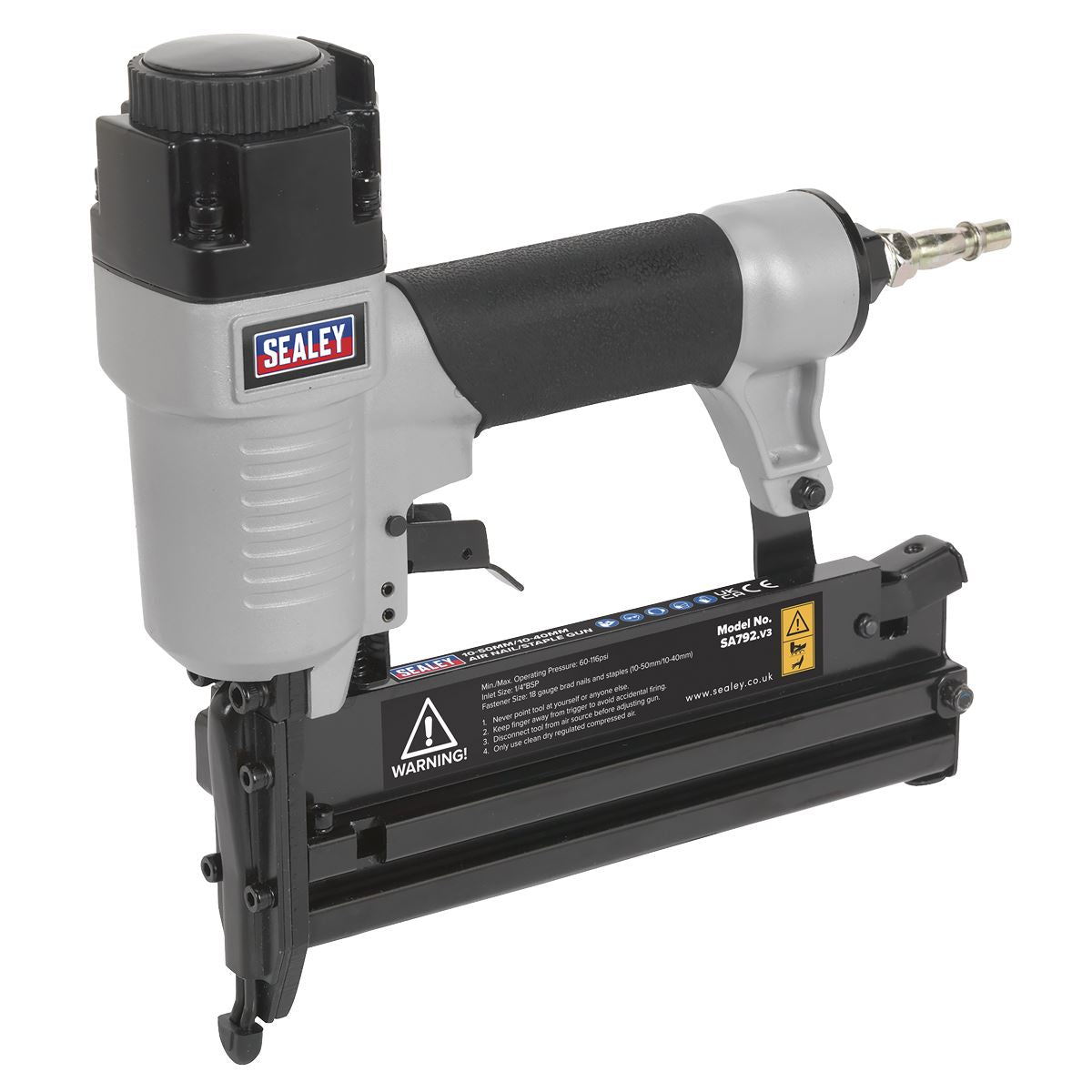 Sealey Air Nail Staple Gun 10-50mm Nails 10-40mm Staples Capacity Nailer Stapler