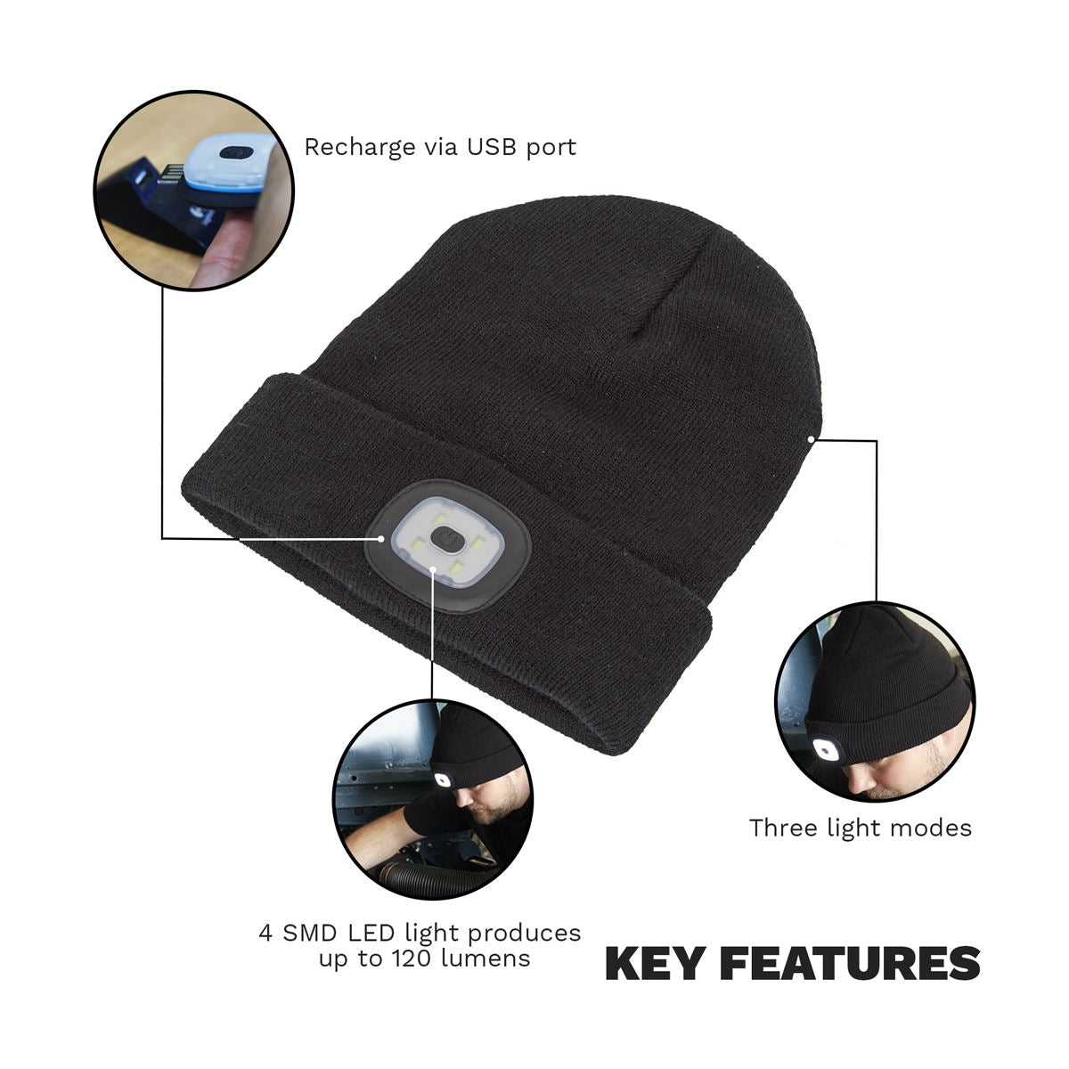 Sealey Beanie Hat 1W SMD LED USB Rechargeable 