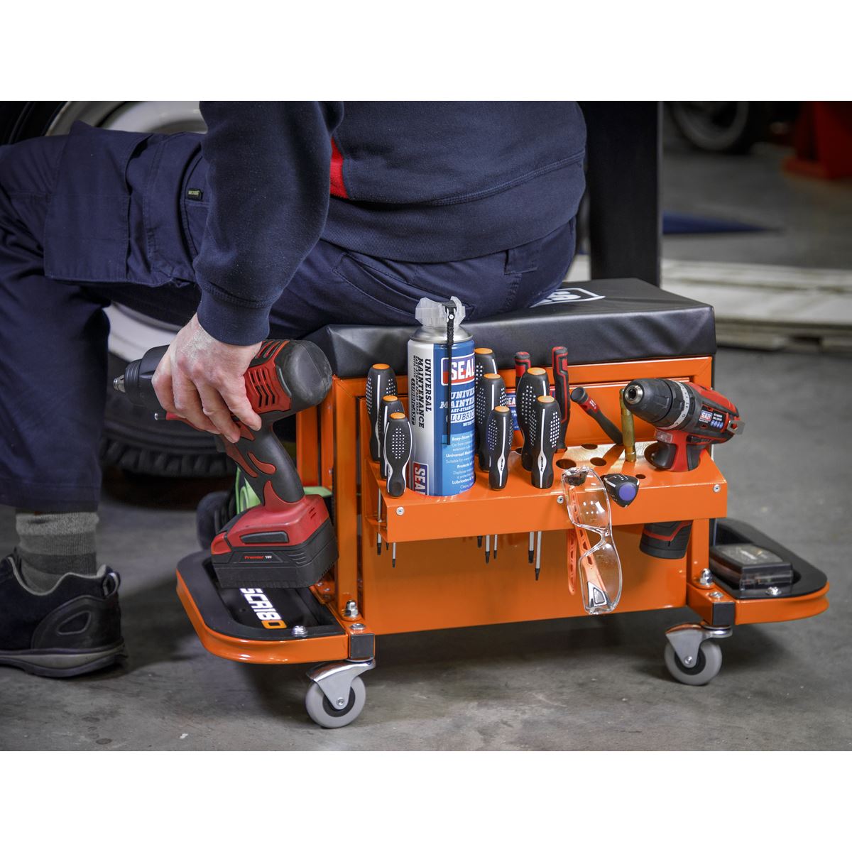 Sealey Mechanics Rolling Utility Seat and Toolbox with Drawers Orange