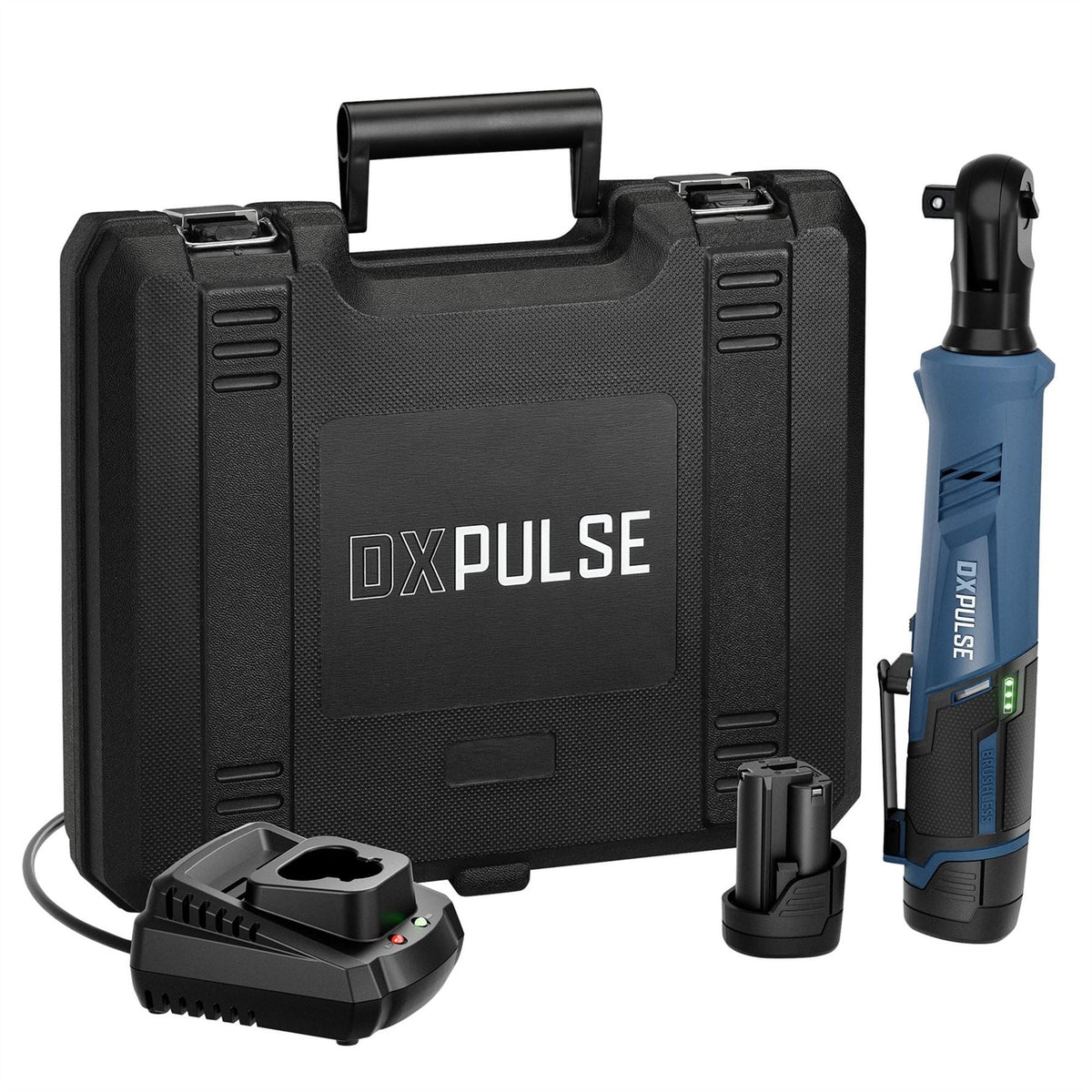 Draper DXPULSE 12V Brushless Ratchet Wrench Kit 1/2" Sq. Dr. 2 x 2.0Ah Batteries 1 x Charger 29542  White Rose Tools
