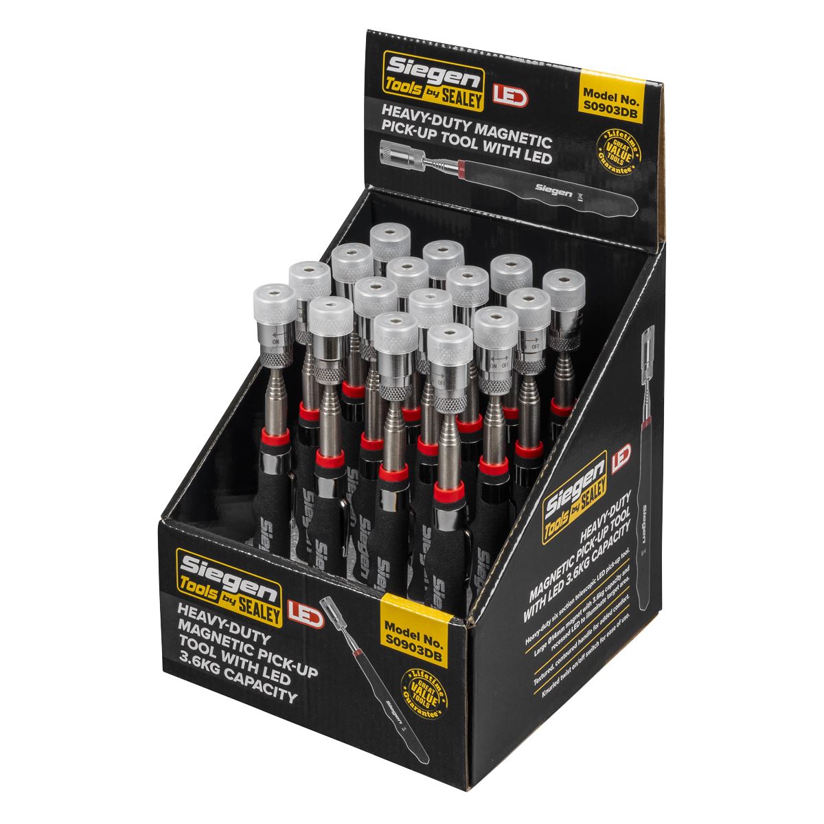 Siegen by Sealey Heavy-Duty Magnetic Pick-Up Tool with LED 3.6kg Capacity Display Box of 16 