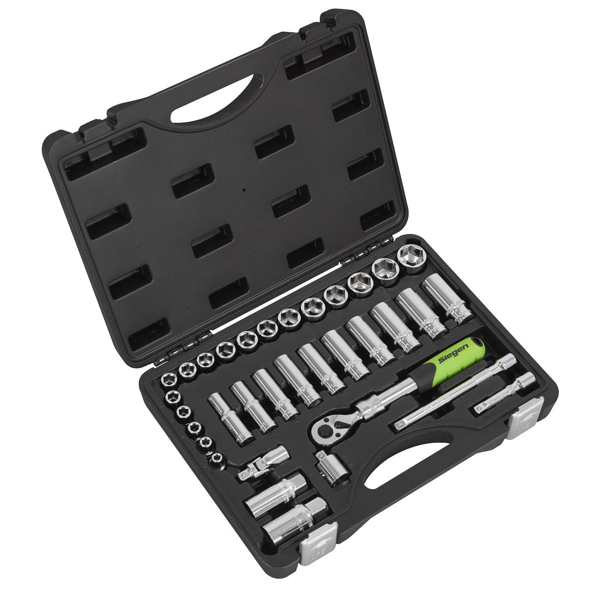 Siegen by Sealey Socket Set Extendable Ratchet 3/8"Sq Drive 34pc  White Rose Tools