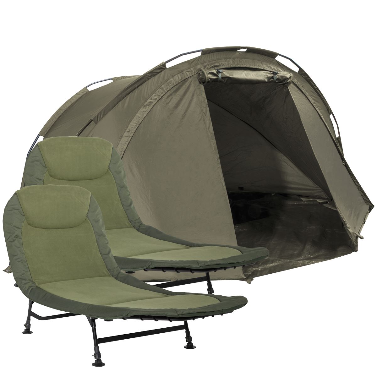 Dellonda Fishing Bivvy Carp Tent Lightweight 2-Man Waterproof & UV Protection Pre-Threaded Poles with Fishing Bedchair x 2