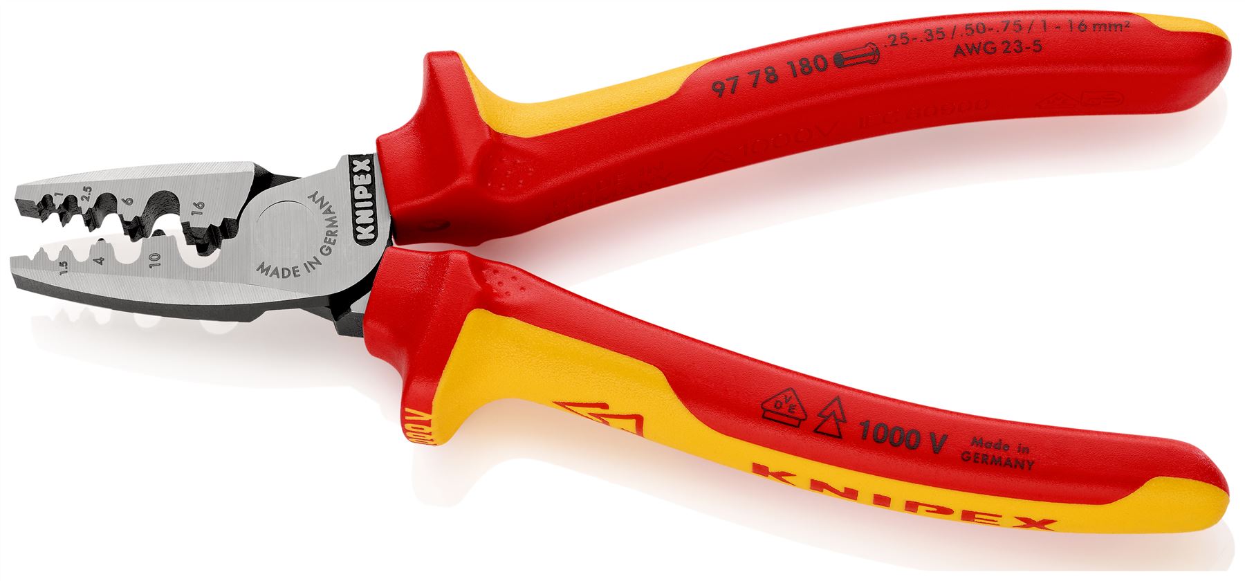 KNIPEX Crimping Pliers for Wire Ferrules 180mm 0.25-16mm² 180mm VDE Insulated Multi Component Grips 97 78 180