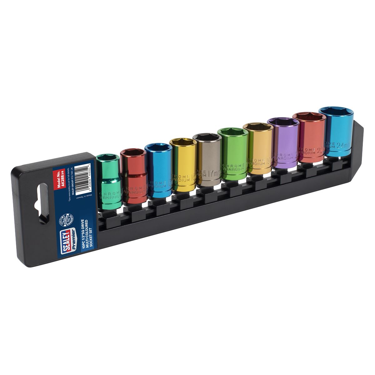 Sealey 10 Piece 1/2" Drive Coloured Socket Set 13-24mm WallDrive