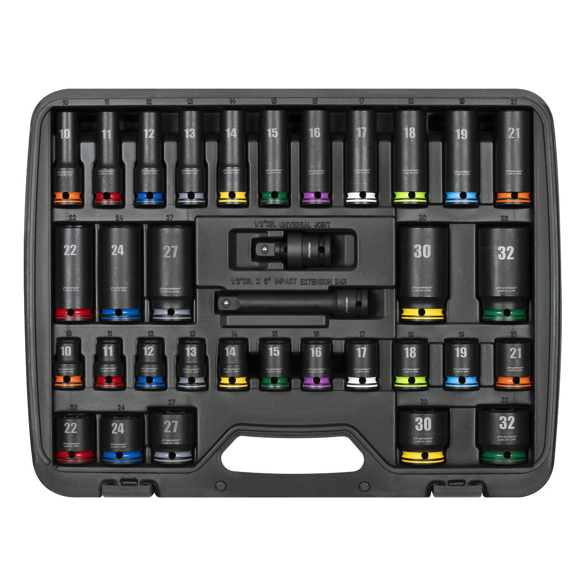 Sealey Premier Lock-On™ Standard & Deep Impact Socket Set 34pc 1/2"Sq Drive 6pt Metric  White Rose Tools