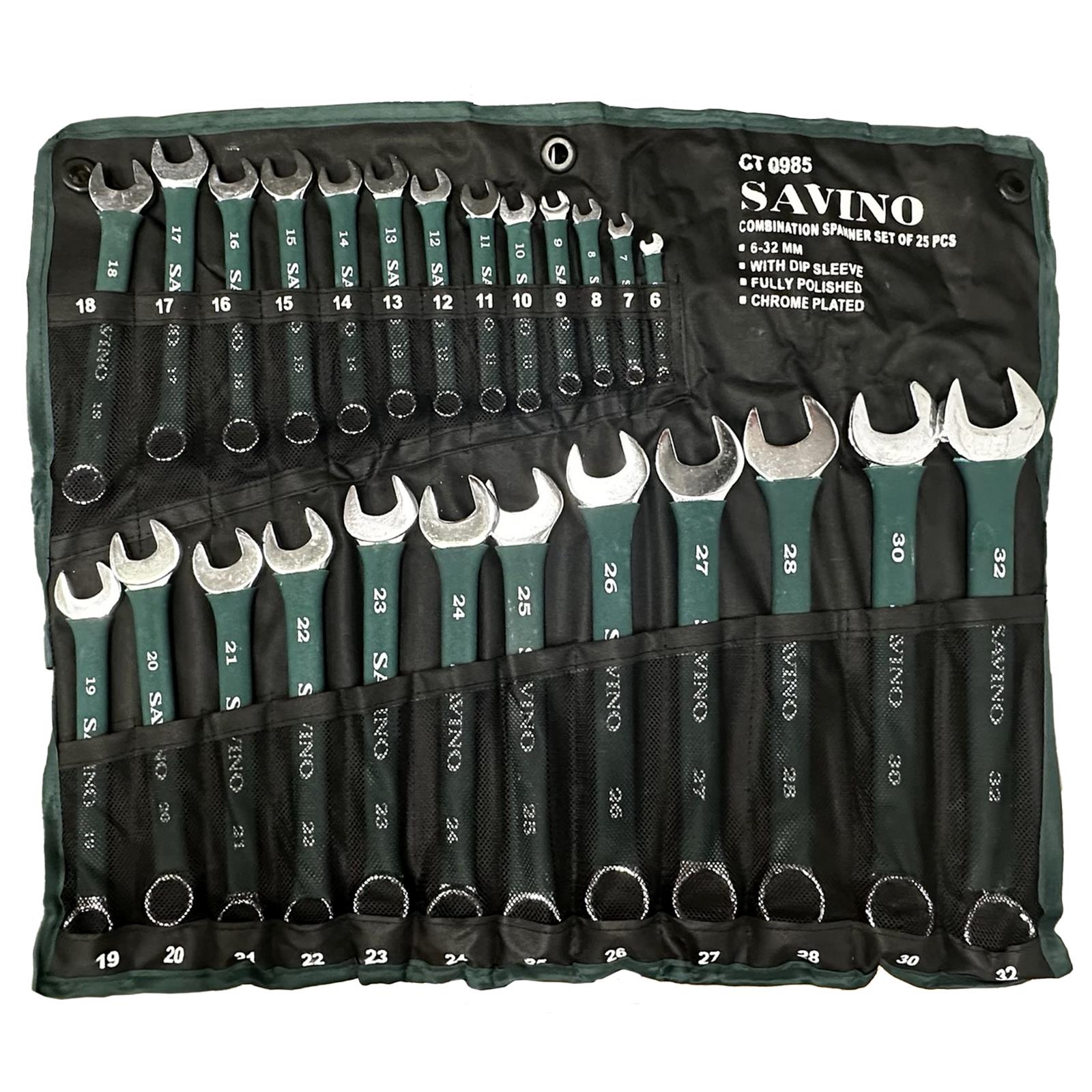 Savino Combination Spanner Set 6-32mm in Tool Roll 25 Piece Green Soft Grip Handle