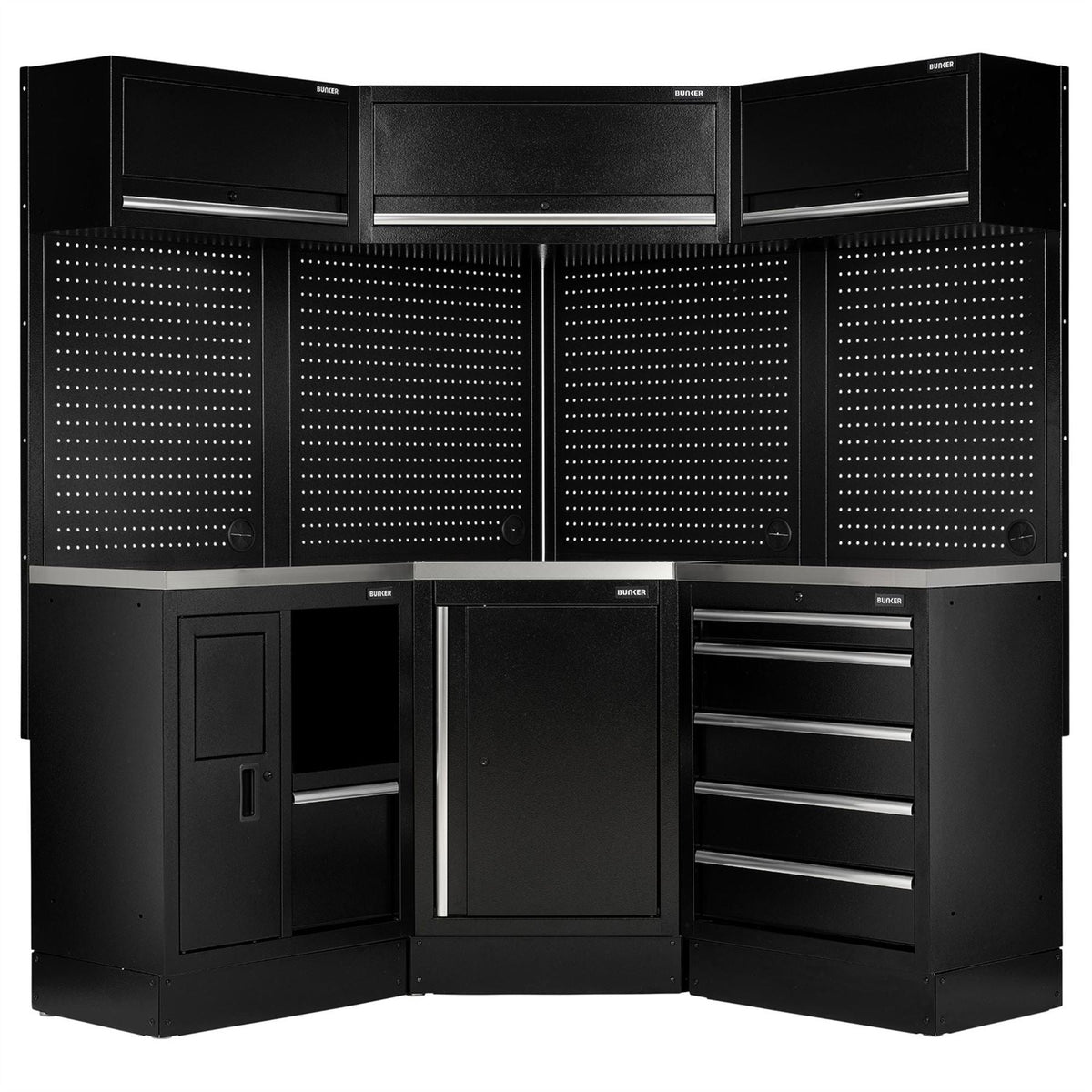 BUNKER 18 Piece Modular Storage Corner Combo with Stainless Steel Worktop 3454mm 32521  White Rose Tools