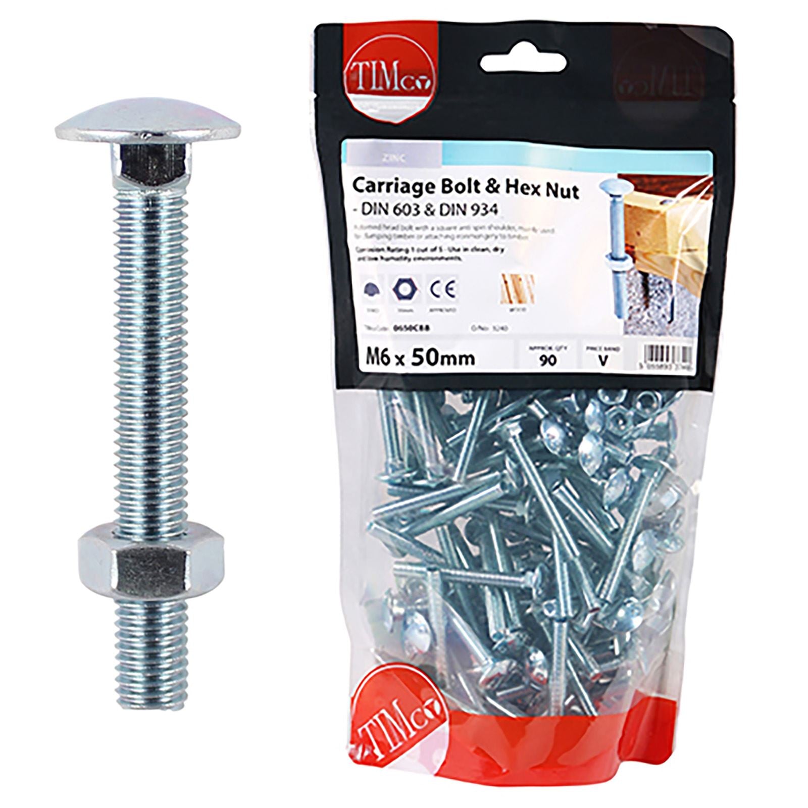 TIMCO Carriage Bolts with Hex Nuts 4.8 Grade Zinc Carbon Steel TIMbag M6-M12 - Choose Size