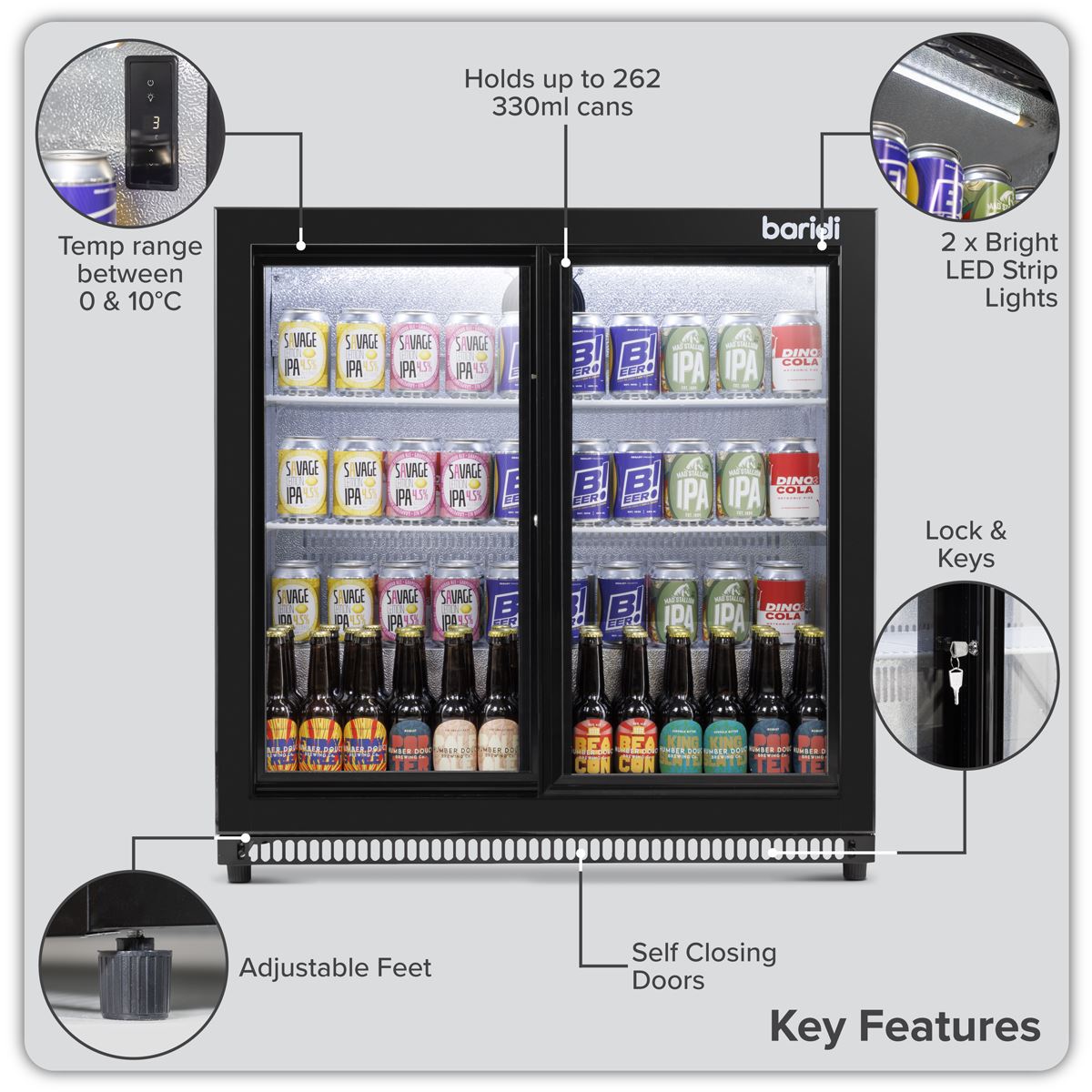 Baridi Back Bar Drinks Fridge/Cooler with Double Sliding Doors, 190L Capacity  White Rose Tools